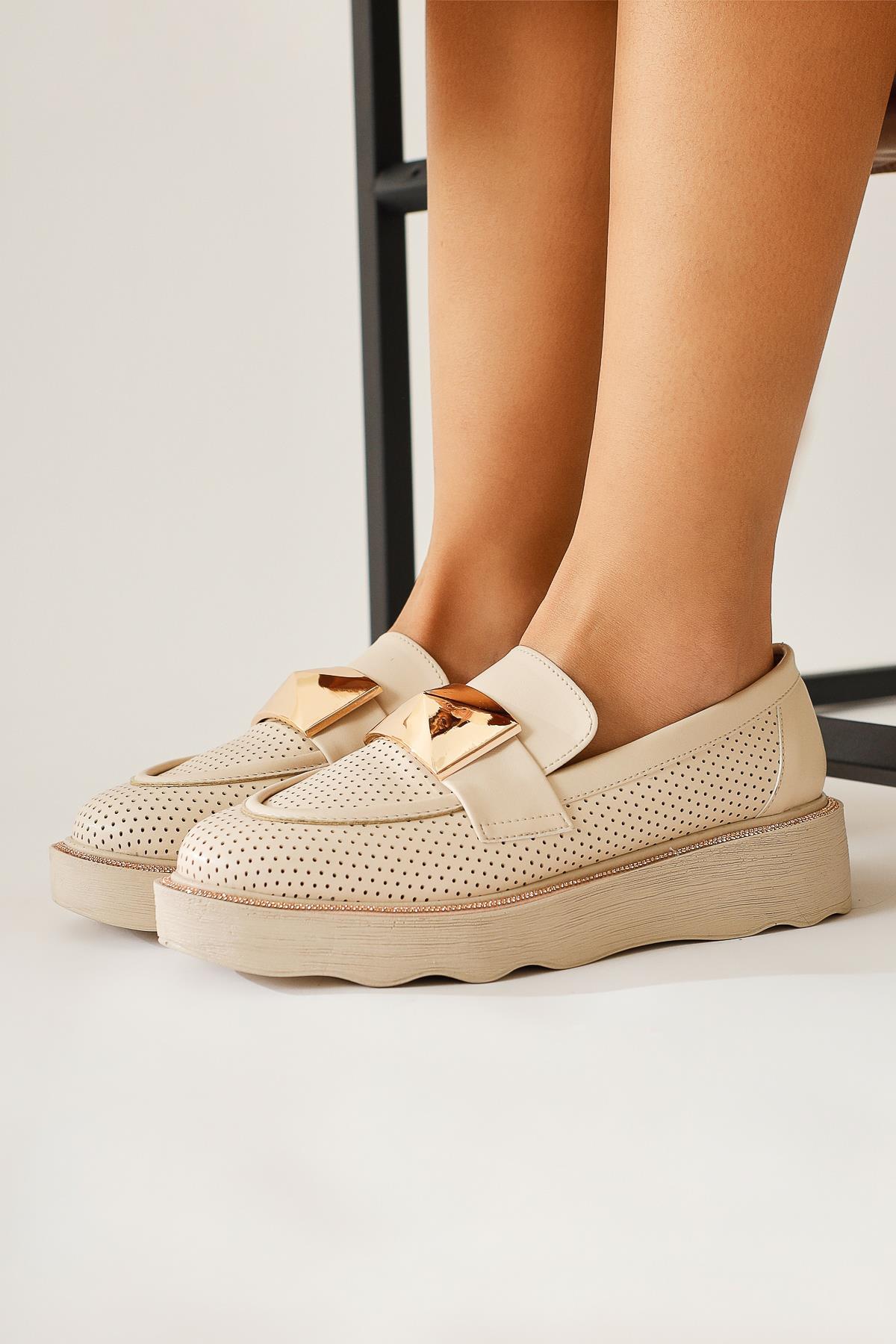 Khloe – Beige Buckle-Detail Perforated Loafer (Women)