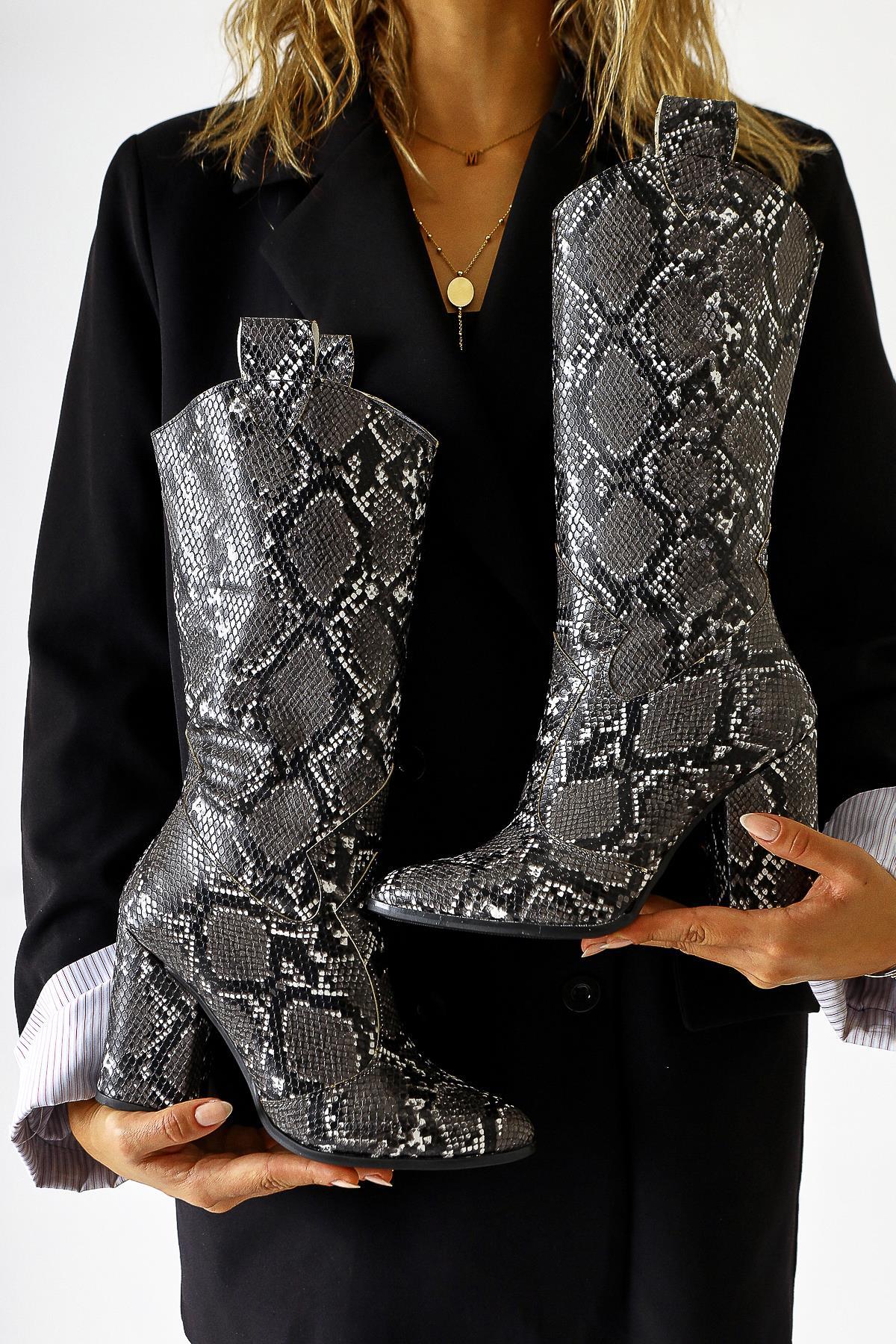 Keri Black Snake Pattern Asymmetric Cut Heeled Ankle Boot