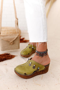 Genuine Leather Mabel Green Antique and Evil Eye Bead Detailed Comfort Sabo Slipper