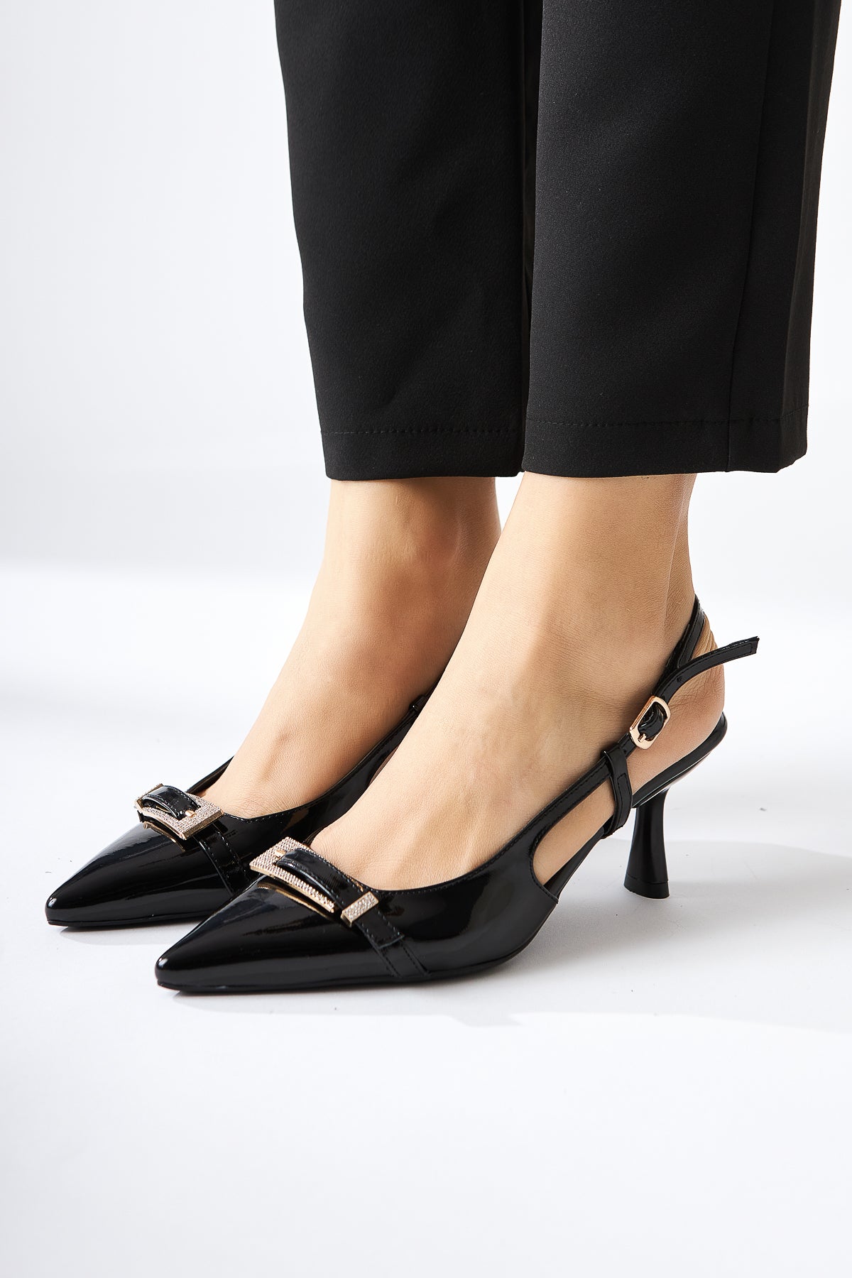 Mina Black Patent Buckled Pointed Toe Women’s Sandal