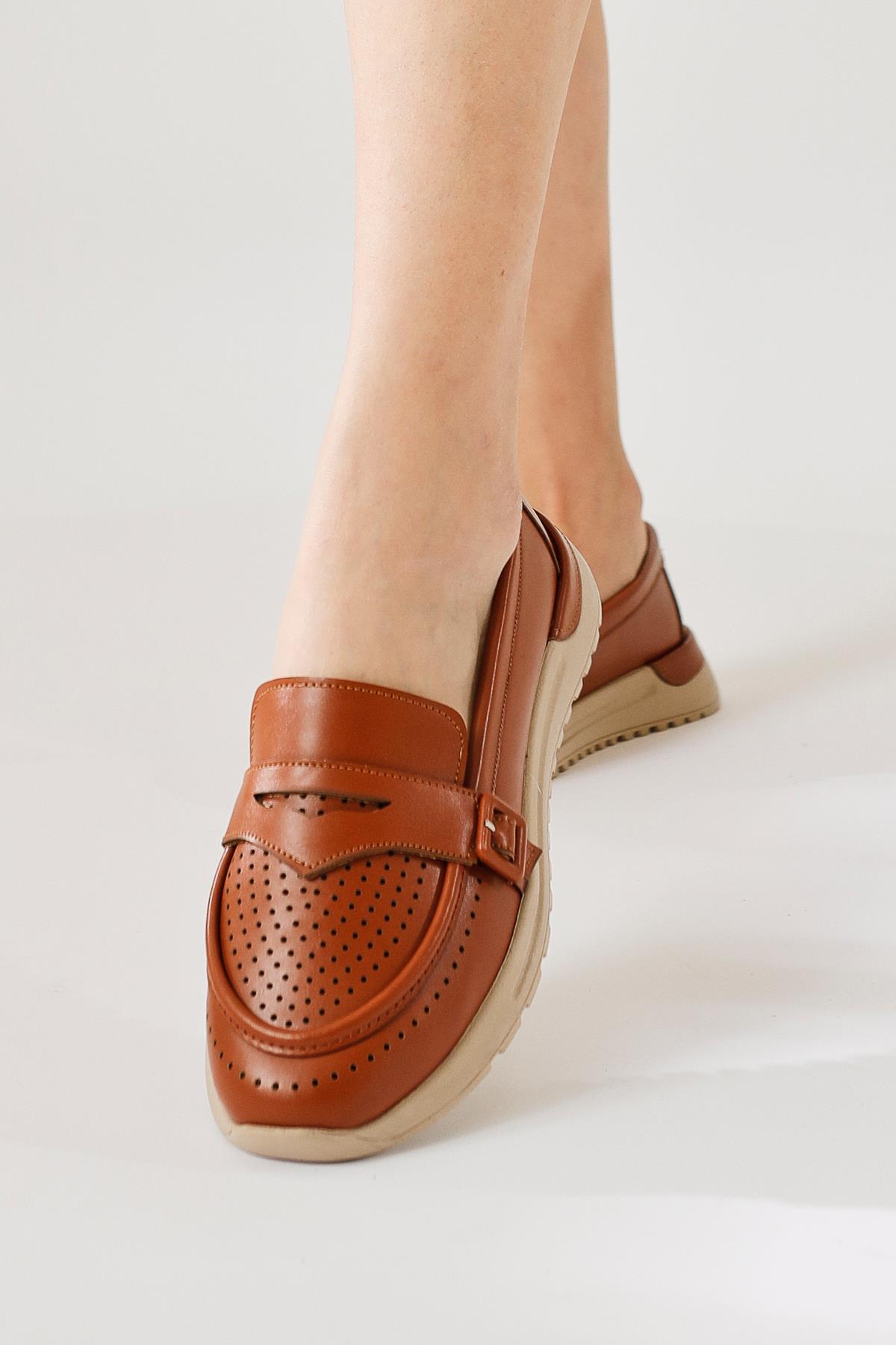 Zain – Cognac Laser-Cut Buckle-Detail Ballet Flat (Women)