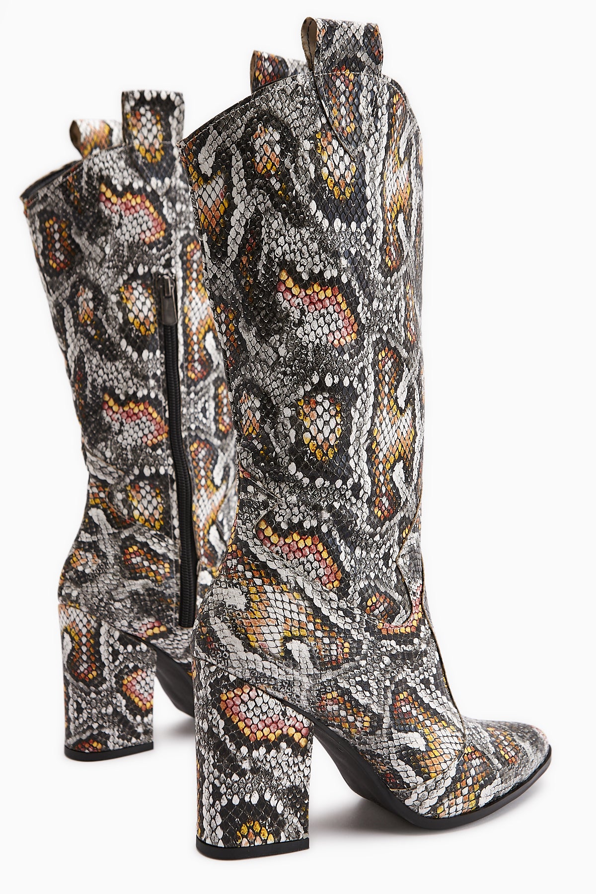 Keri Snake Print Asymmetrical Cut Women’s Short Heeled Boots