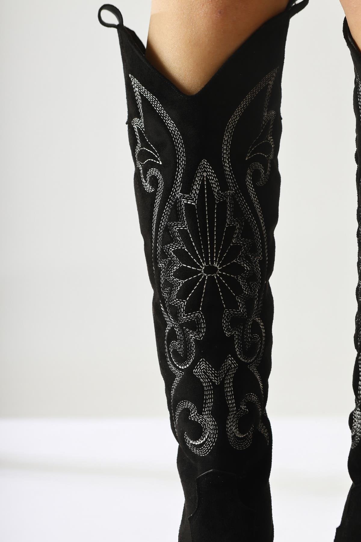 Dani Black Suede Embroidered Pointed Toe Western Boot