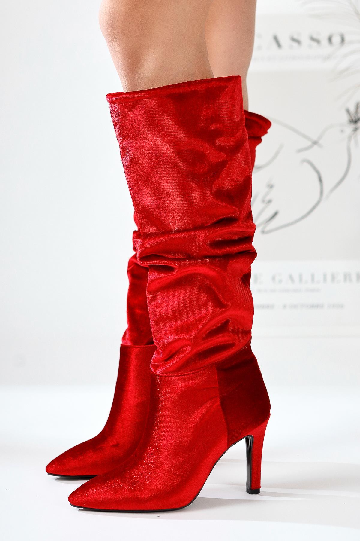 Rimaz – Red Velvet Gusseted High Pointed-Heel Knee-High Boot