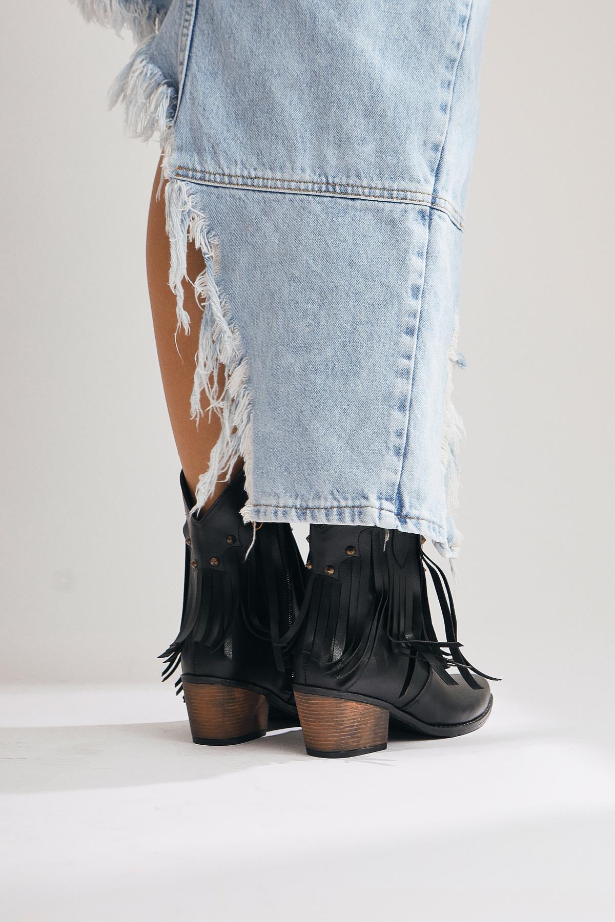 Lillebeth – Black Fringed Stud-Detail Western Boot (Women)