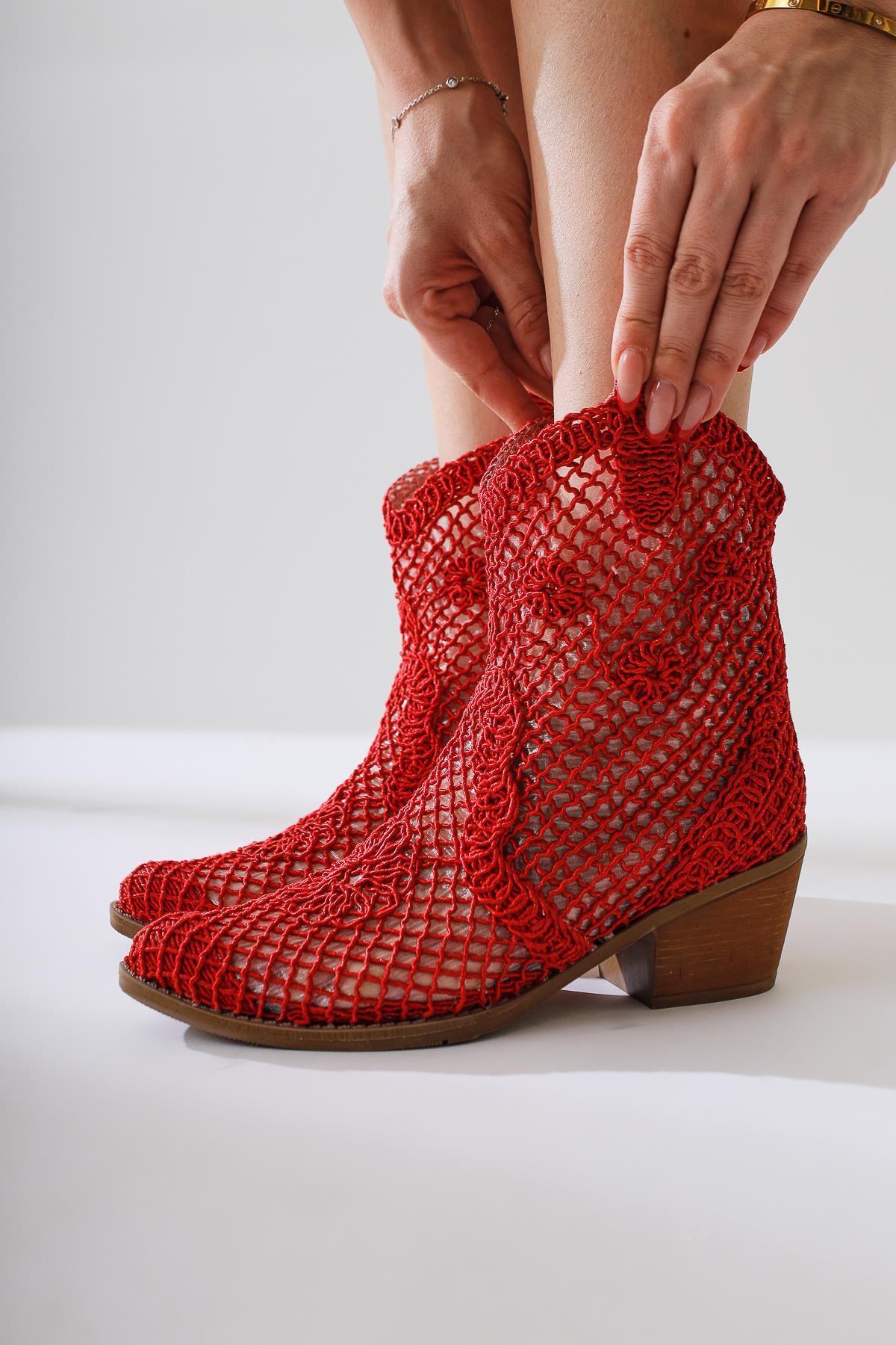 Tersa - Red Short-Shaft Woven Lace Floral-Detail Cowboy Summer Boot (Women)