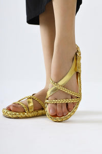 Nera Gold Patent Woven Strap Women’s Sandal