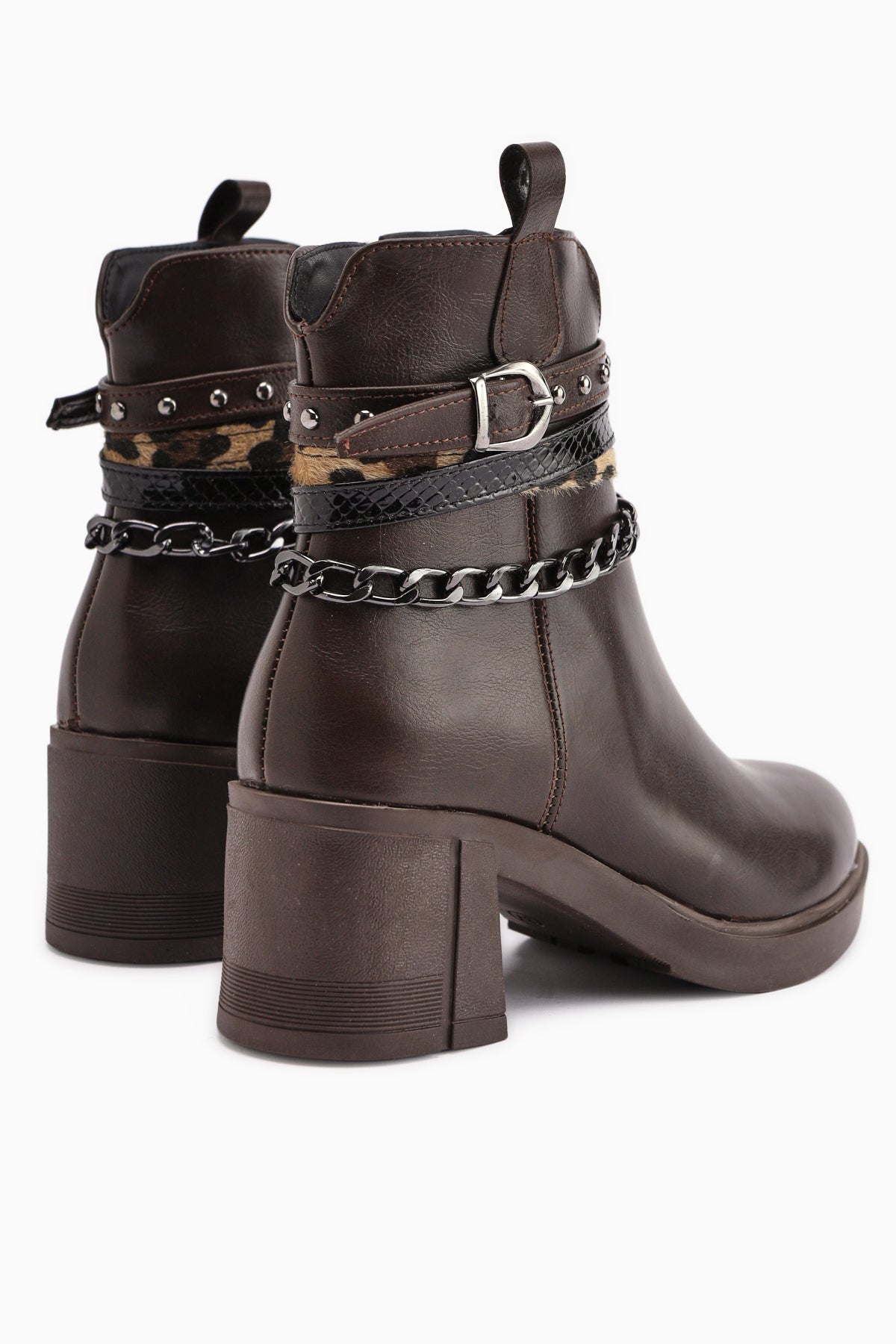 Anissa – Brown Chain-and-Belt-Detail Block Heel Boot (Women)