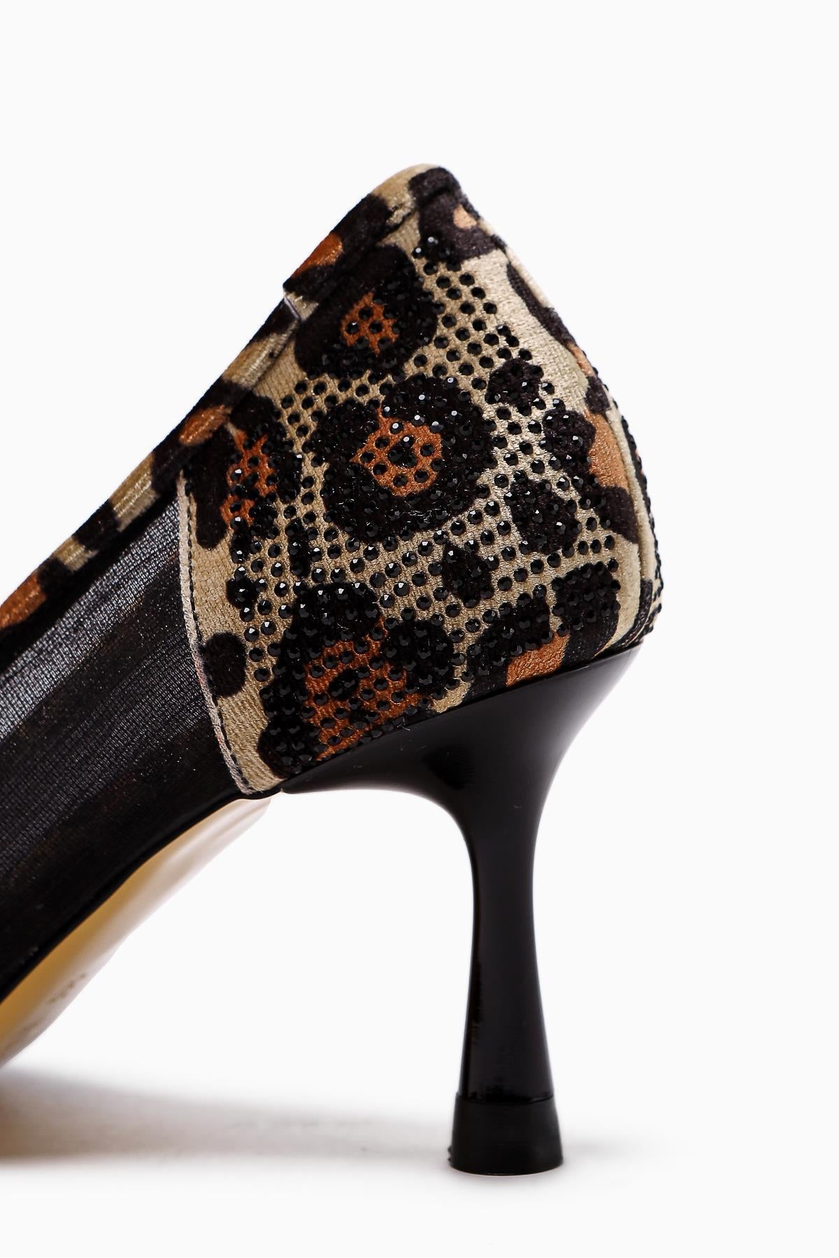 Kalliopi Black Pointed Toe Leopard - Stone Detailed Women’s Heeled Shoes