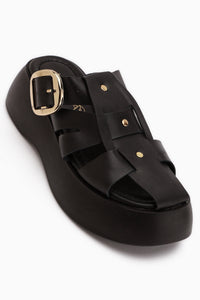 Genuine Leather Black High Platform Women’s Slippers