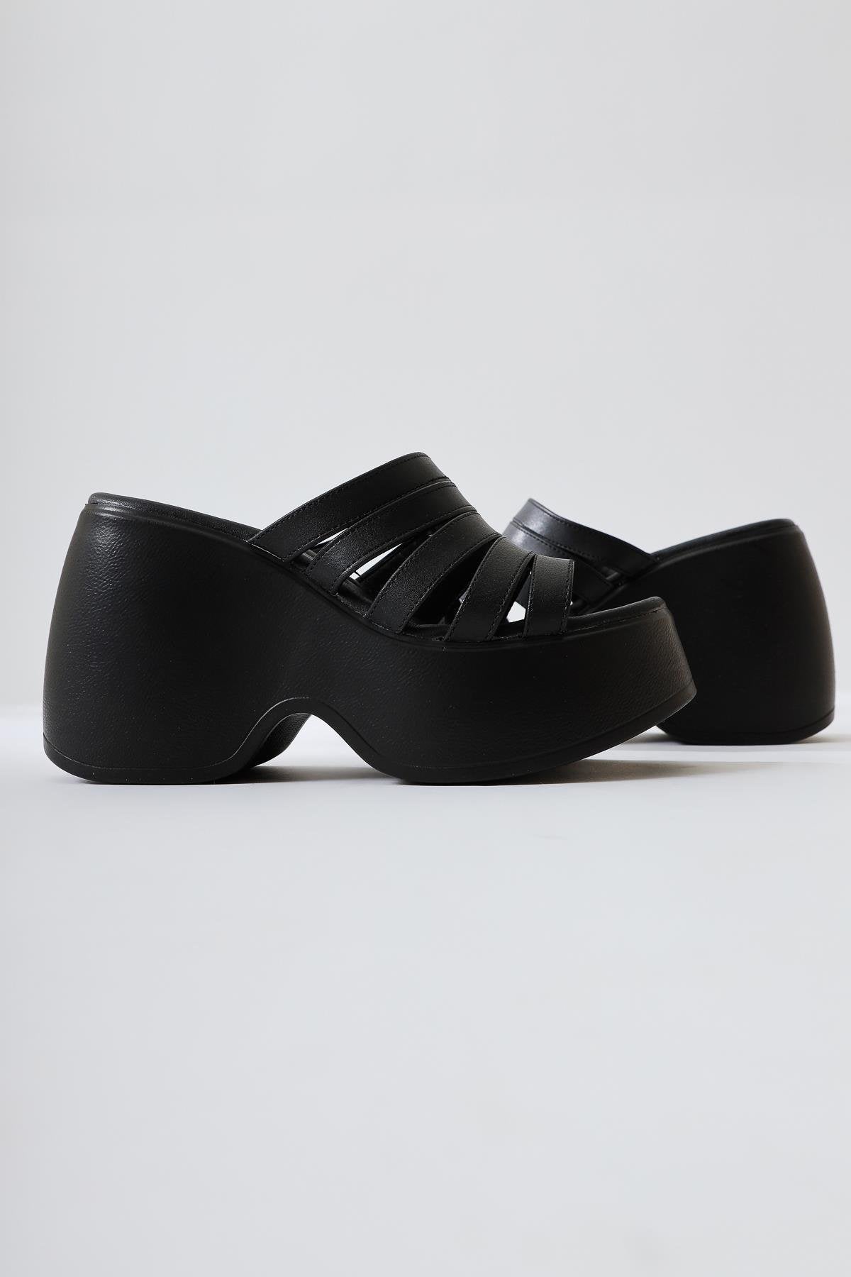 Margarit Black Thin Strap Platform Slide with Chunky Heel
