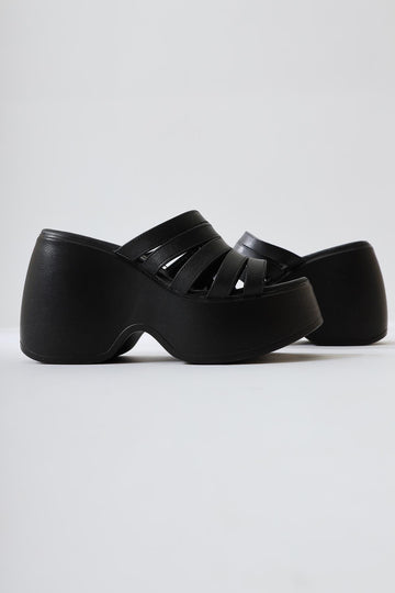 Margarit Black Thin Strap Platform Slide with Chunky Heel