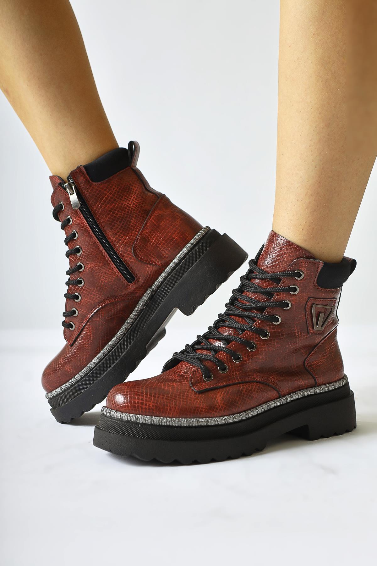 Amona Burgundy Shiny Stone Detailed Lace-Up Boot
