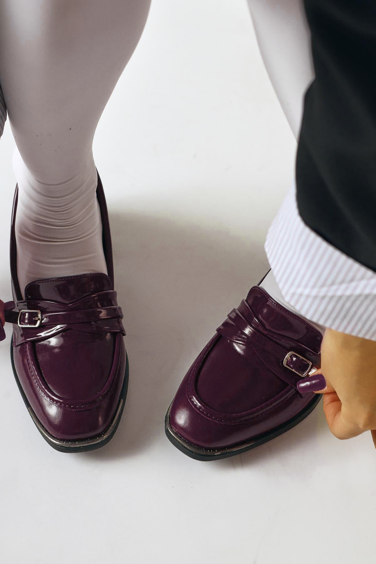 Luba Burgundy Patent Buckle Detailed Women’s Heeled Shoes