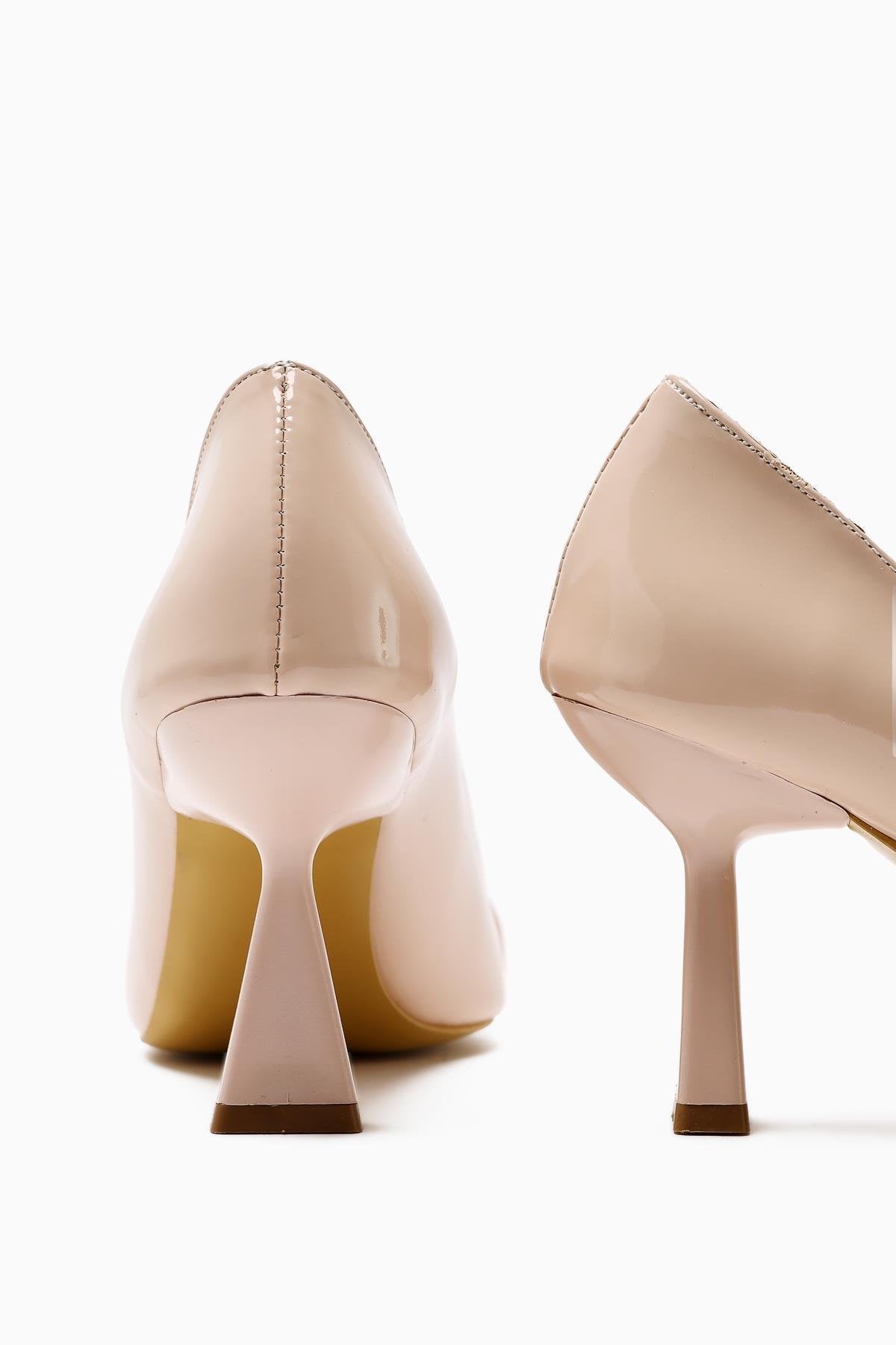 Ania Beige Patent Leather Pointed Toe Heels with Jewel Buckle Detail