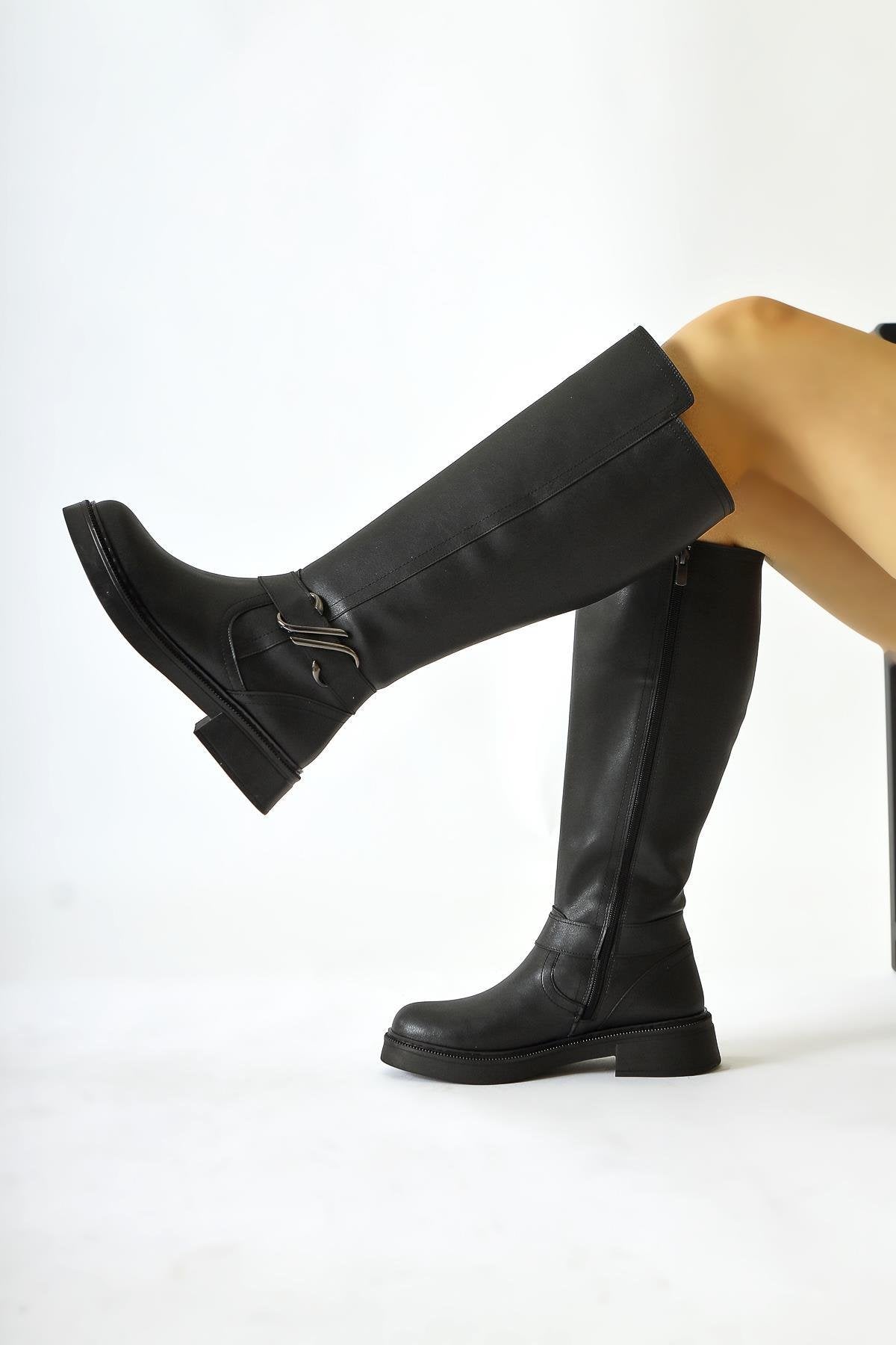 Birgita Black Zip-Up Boots with Buckle Detail