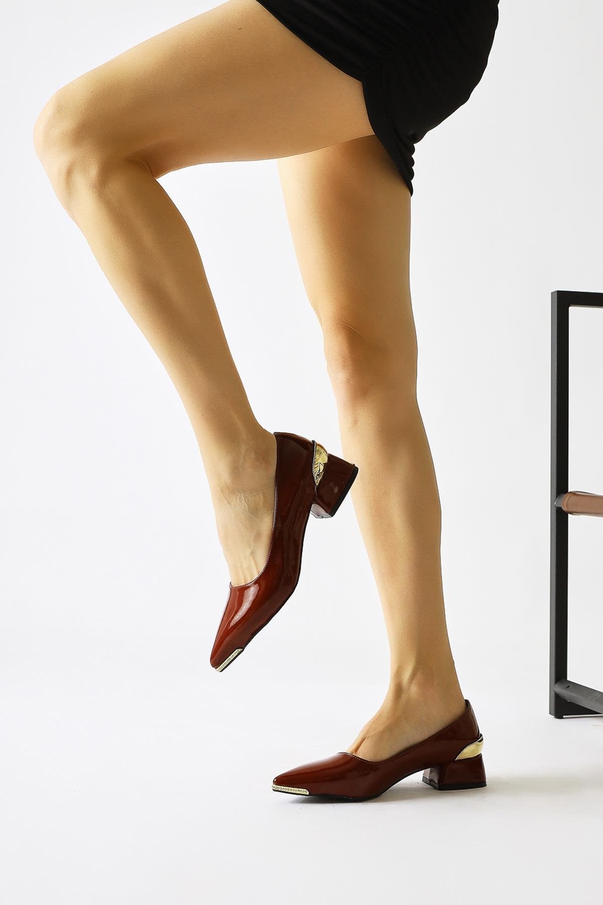 Alica Burgundy Patent Leather Pointed Toe Pumps with Gem Details