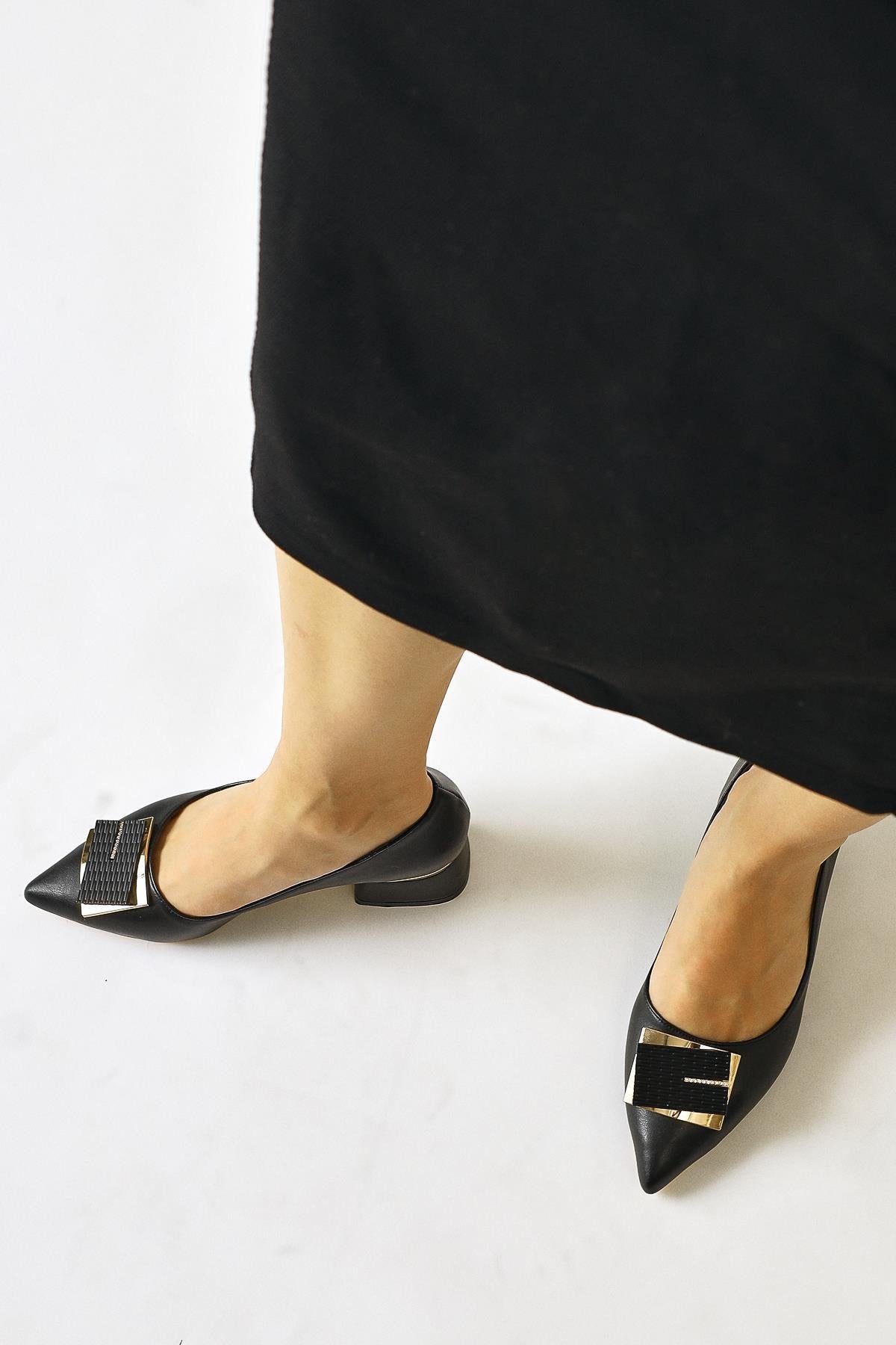 Cindie Black Asymmetrical Buckle Detailed Women’s Heeled Shoes