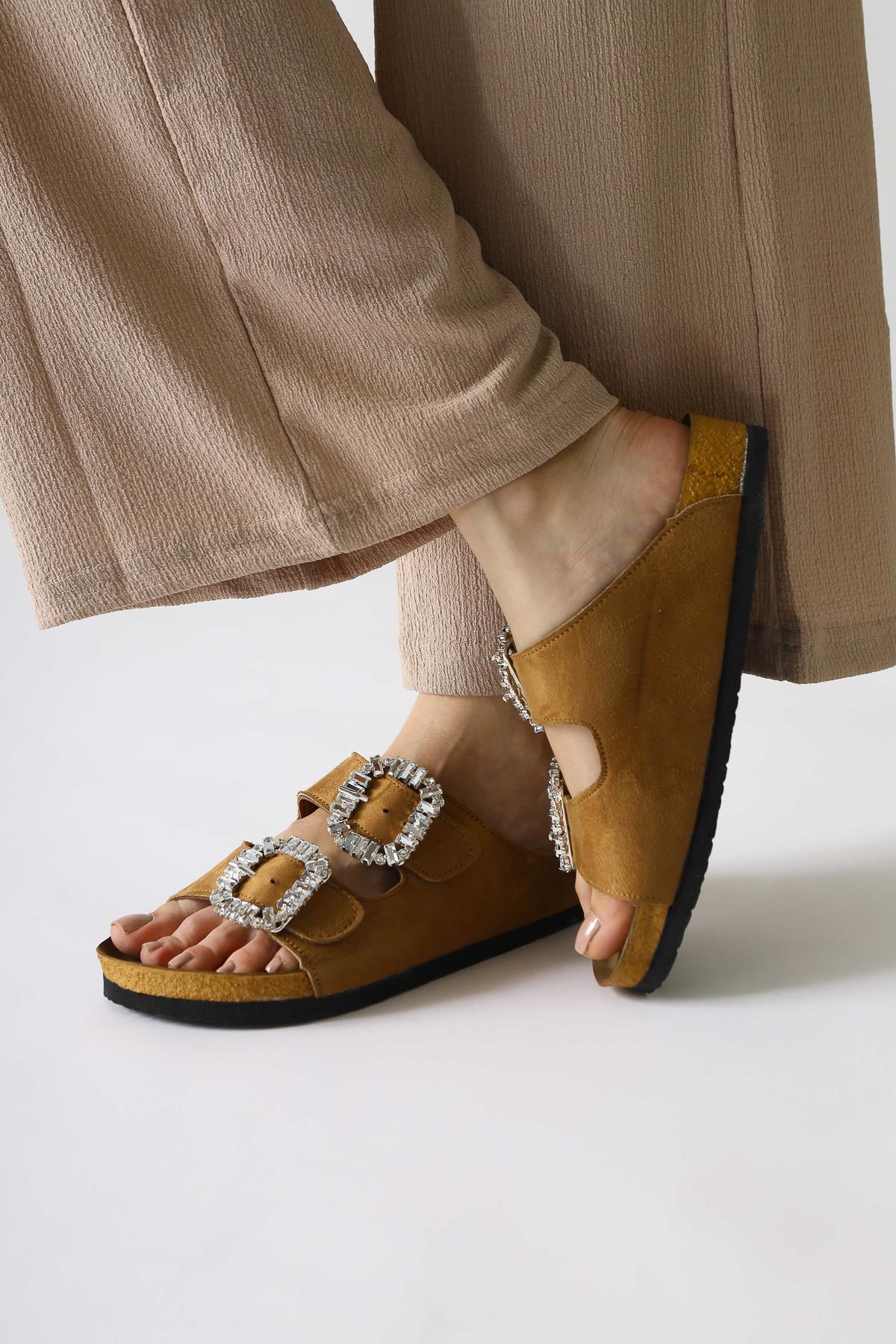 Brisa Double Strap Suede Slides in Taba with Stone Detailing