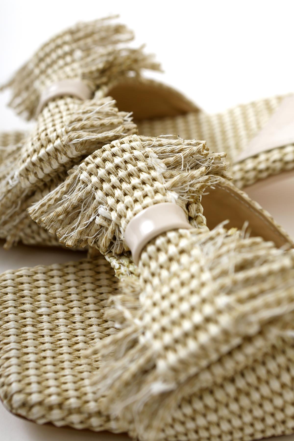 Tonka Beige Straw Bow Strap Low Heel Sandals