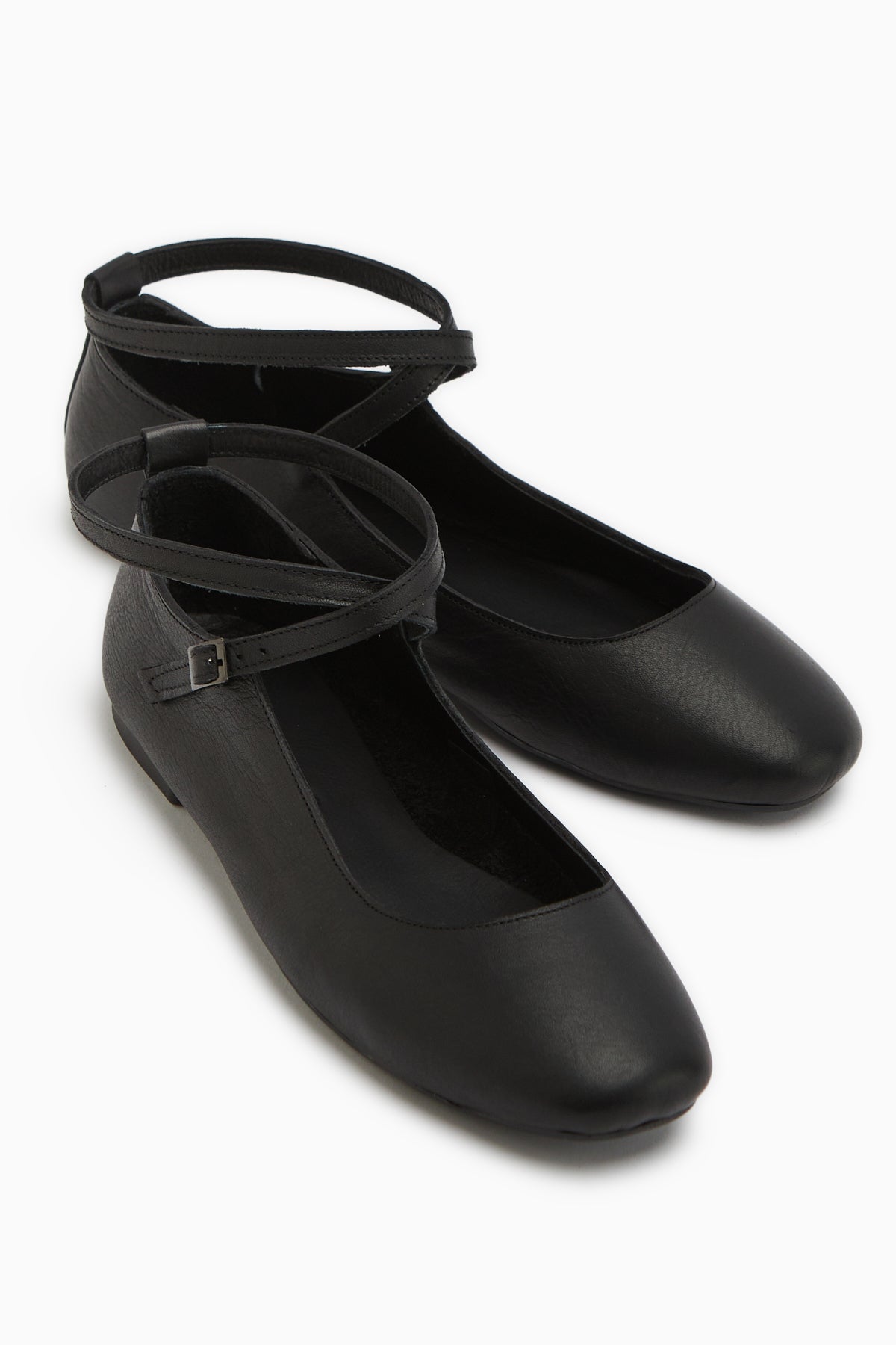 Genuine Leather Black Cross Strap Women’s Ballet Flats
