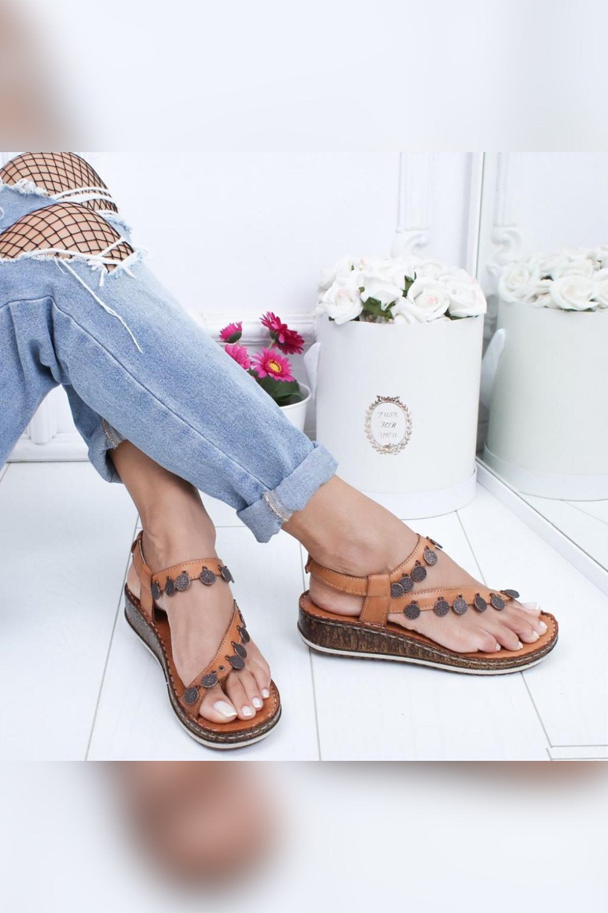 Lilah Genuine Leather Sandals in Taba with Antique Detail