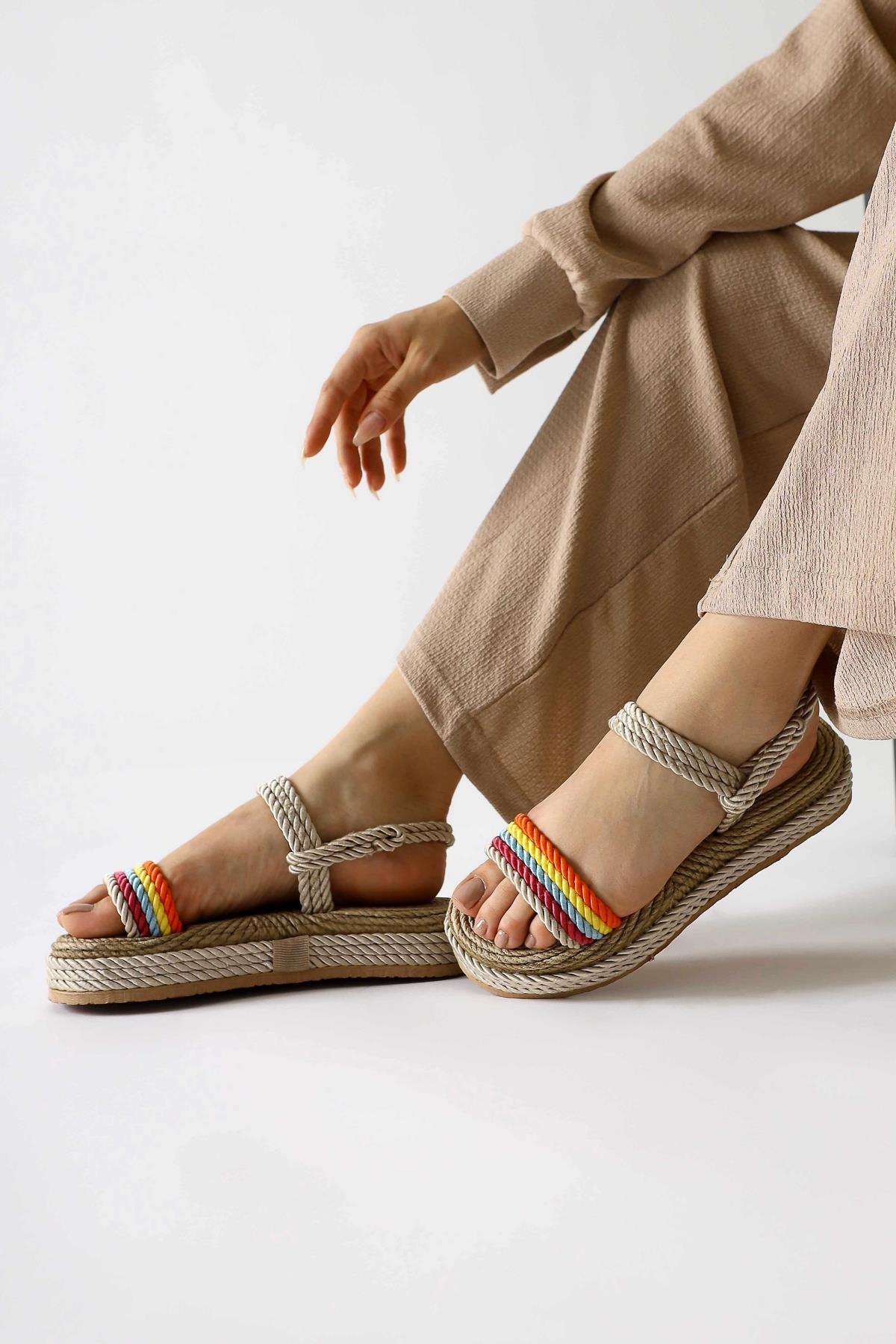 Velika Cream - Multicolor Thick Soled Rope Sandals