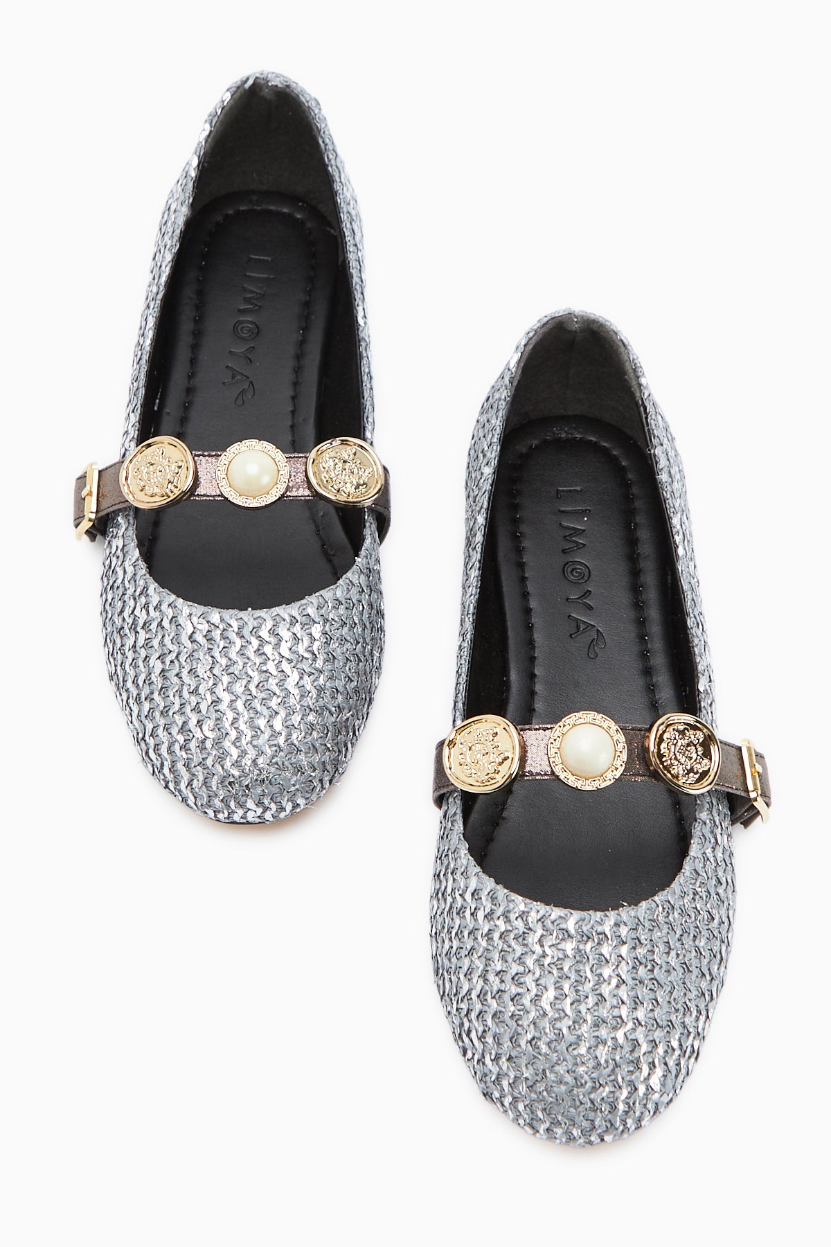 Sufia Platinum Buckled Woven Women’s Ballet Flats