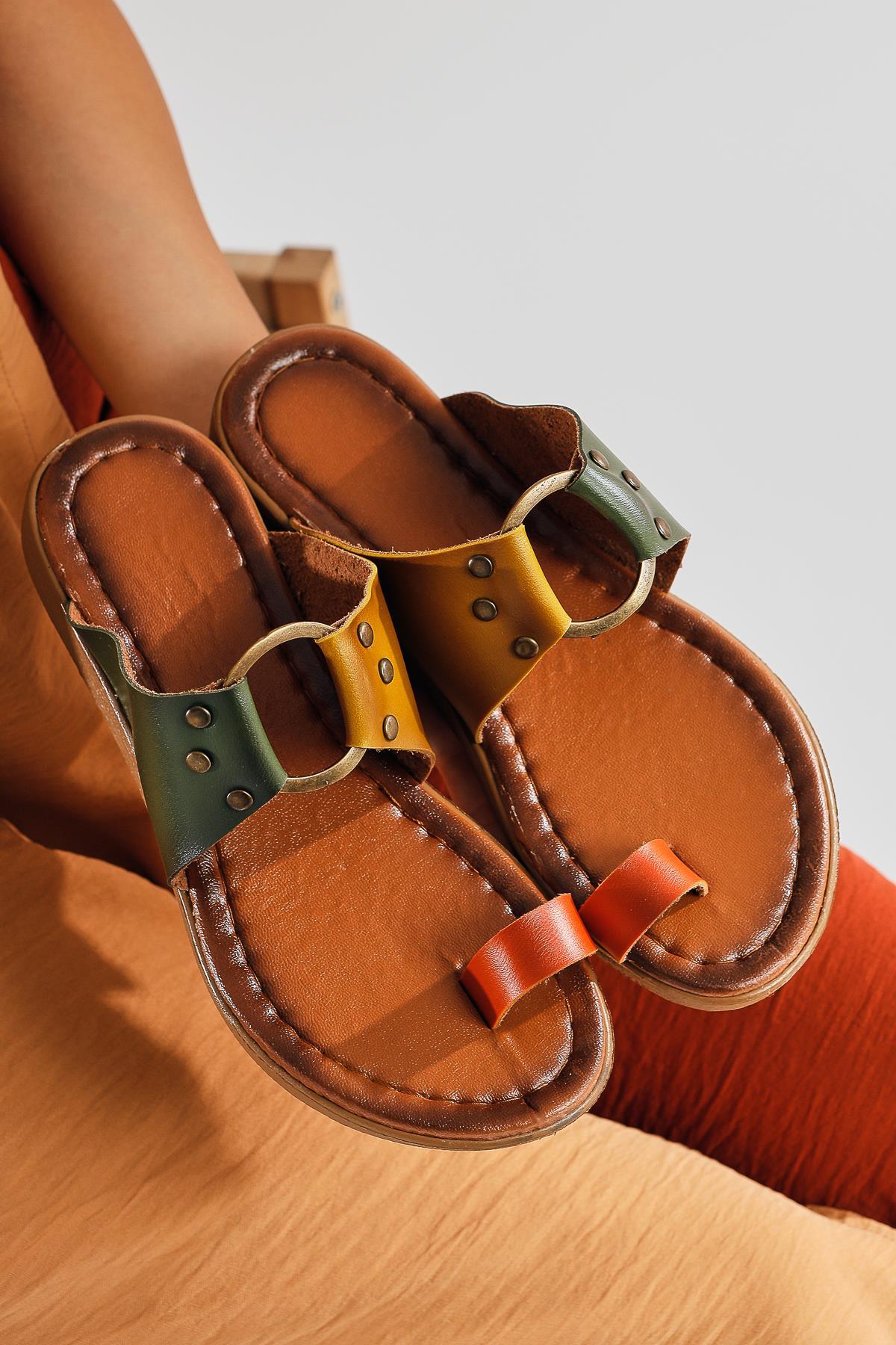 Bitania Khaki Genuine Leather Thong Sandals