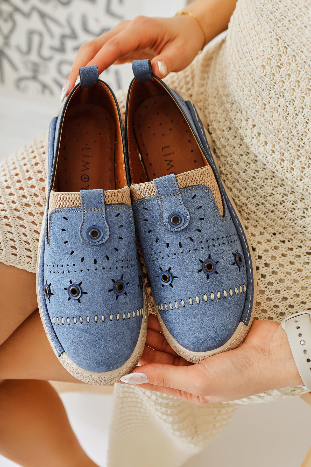 Bethina Blue Suede Studded Laser Cut Flat