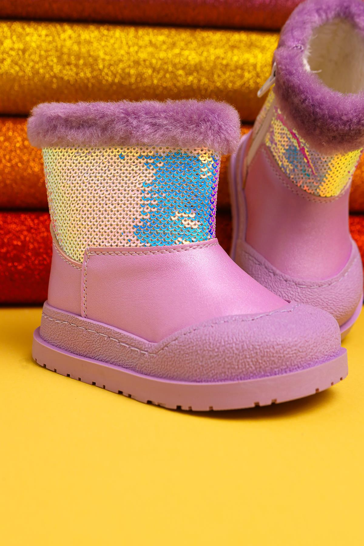Eleen Lilac Sequined Fur-Lined Baby Boots