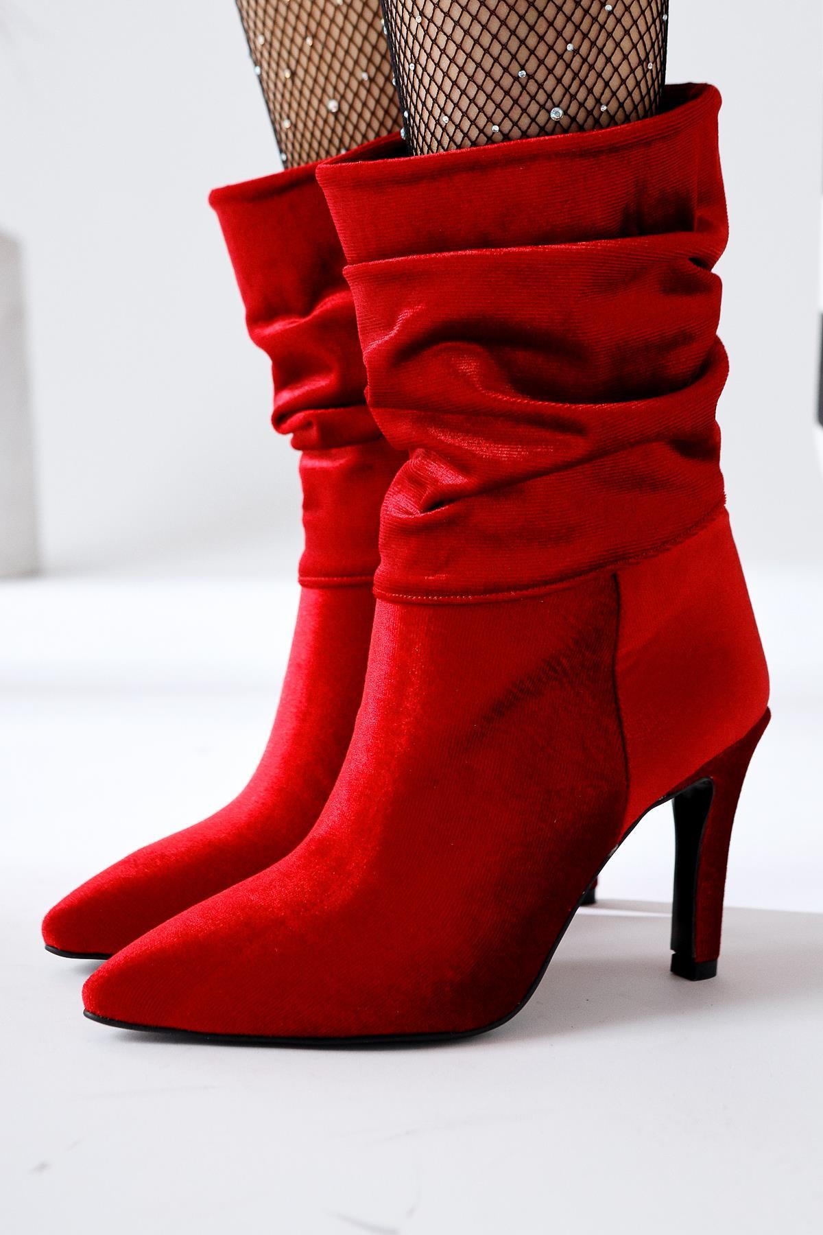 Wilma – Red Velvet Gusseted Slim Heel Boot (Women)