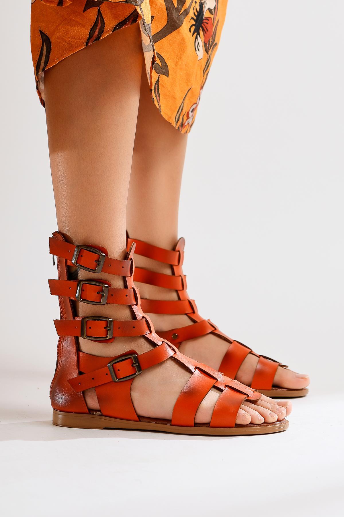 Miranda Genuine Leather – Orange Zippered Gladiator Sandal (Women)