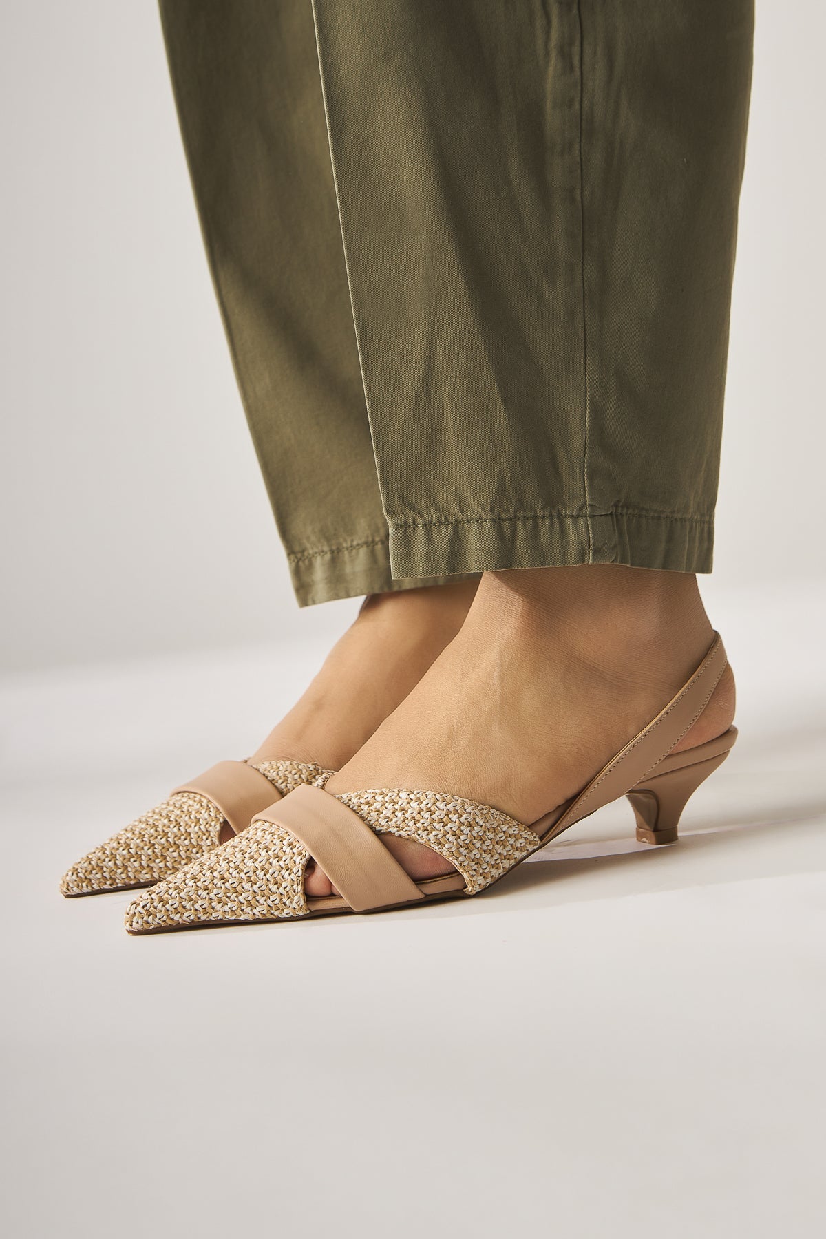 Hina Beige Woven Detail Low Heel Women's Sandals