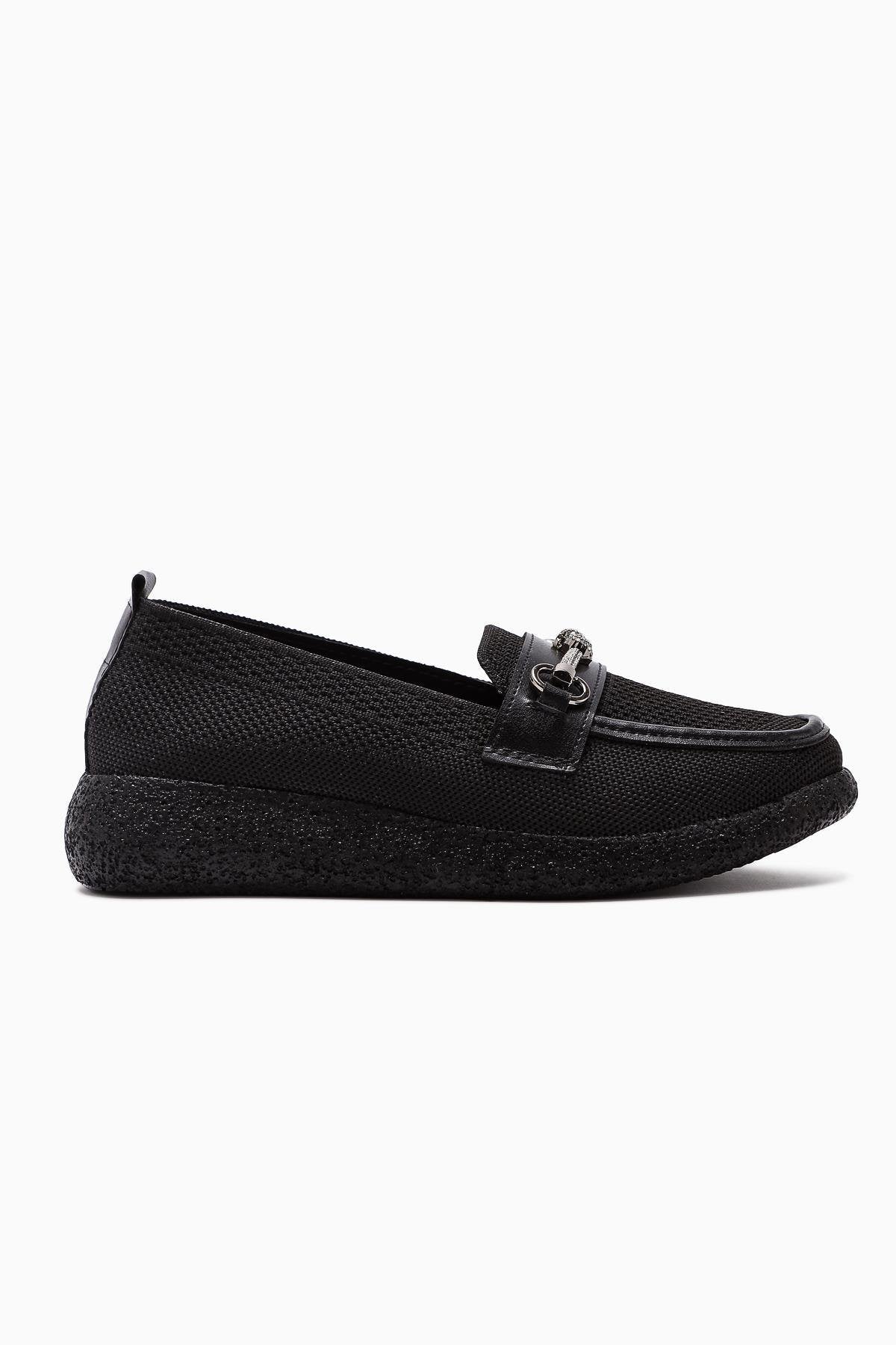 Alea Black Woven Women's Shoe with Rhinestone Buckle Detail