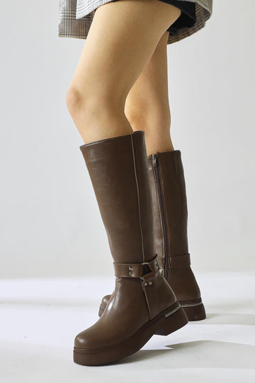 Lani Tan Buckle and Stud Detailed Women’s Boots