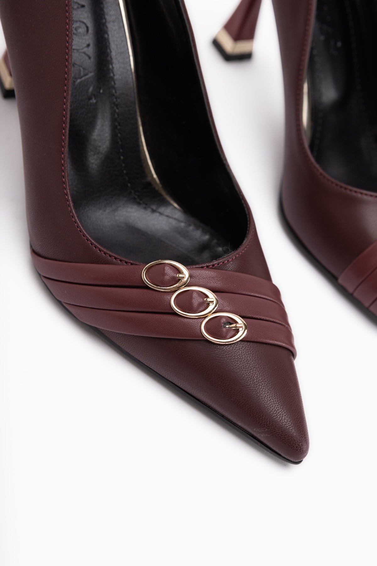 Lavina Burgundy Strap Gold Heeled Pointed Toe Stiletto