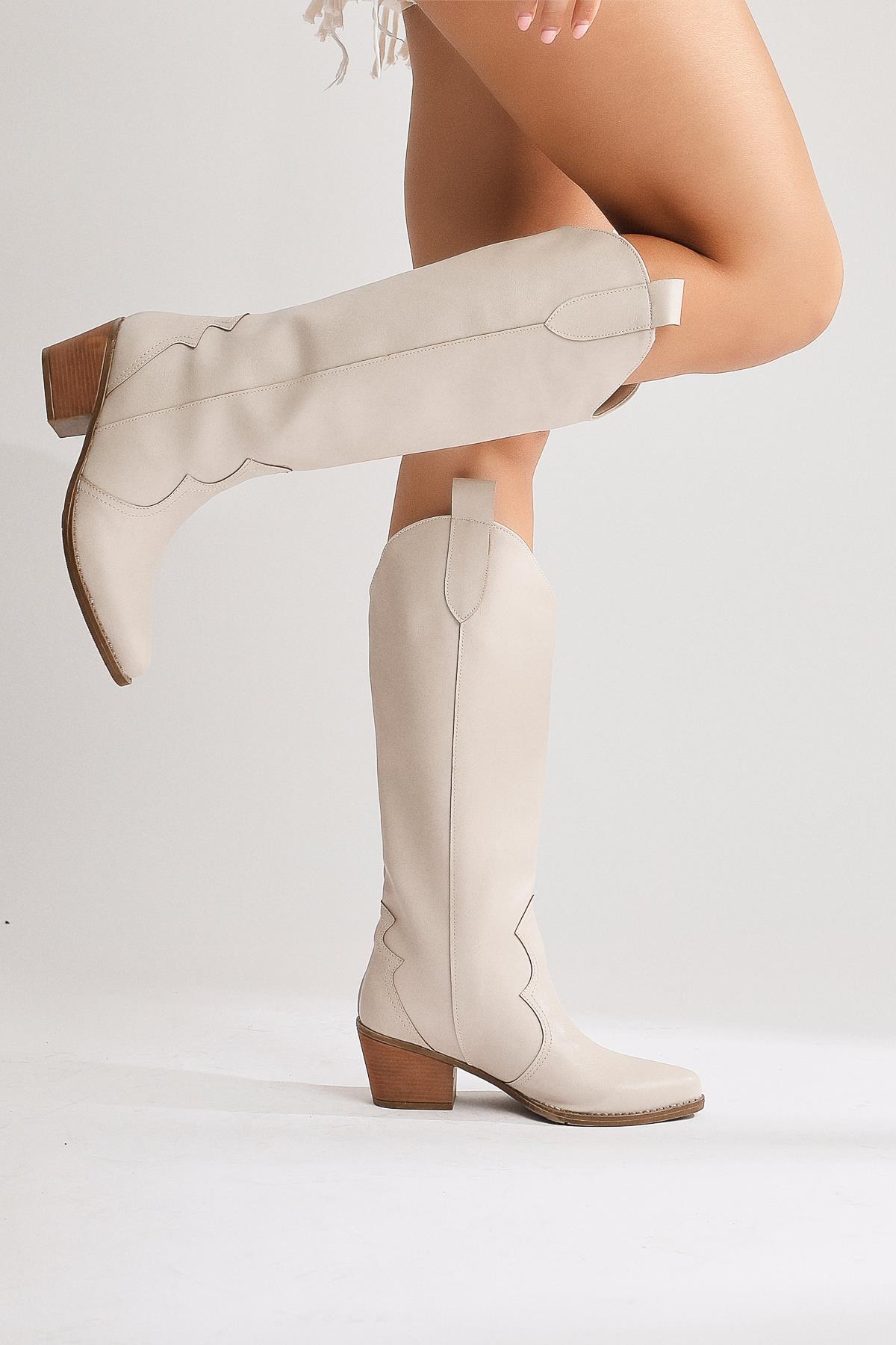 Lhena – Beige Western Pull-On Knee-High Boot