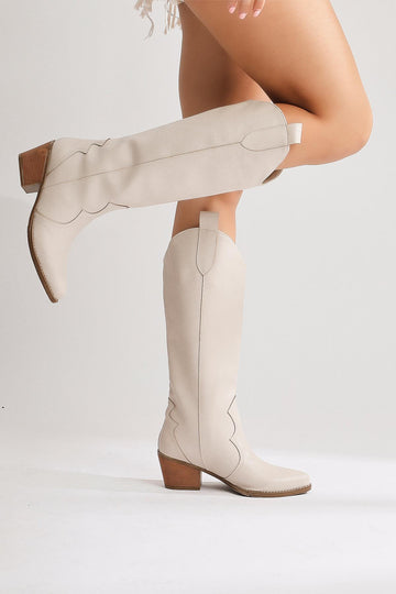Lhena – Beige Western Pull-On Knee-High Boot