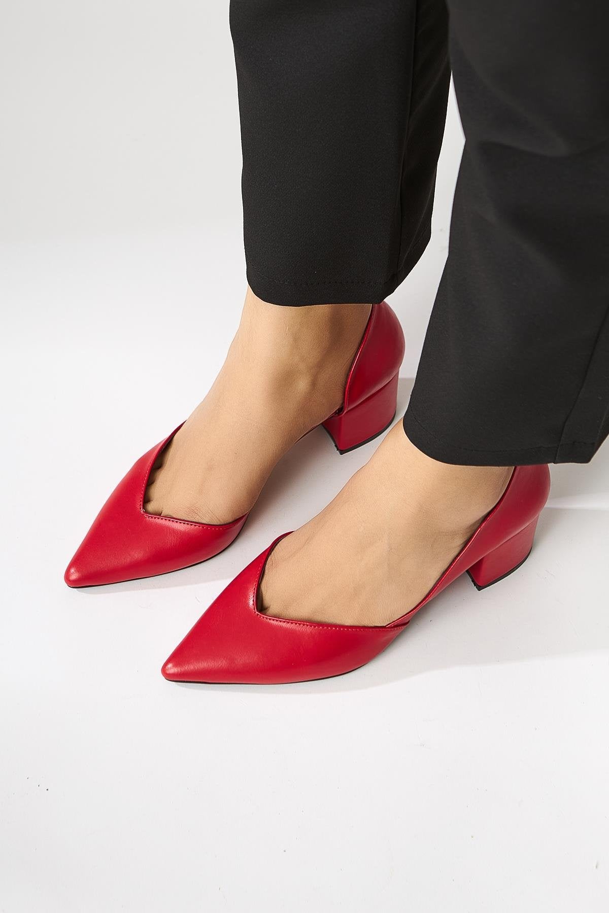Albena Genuine Leather Red Pointed Toe Detailed Women’s Heeled Shoes