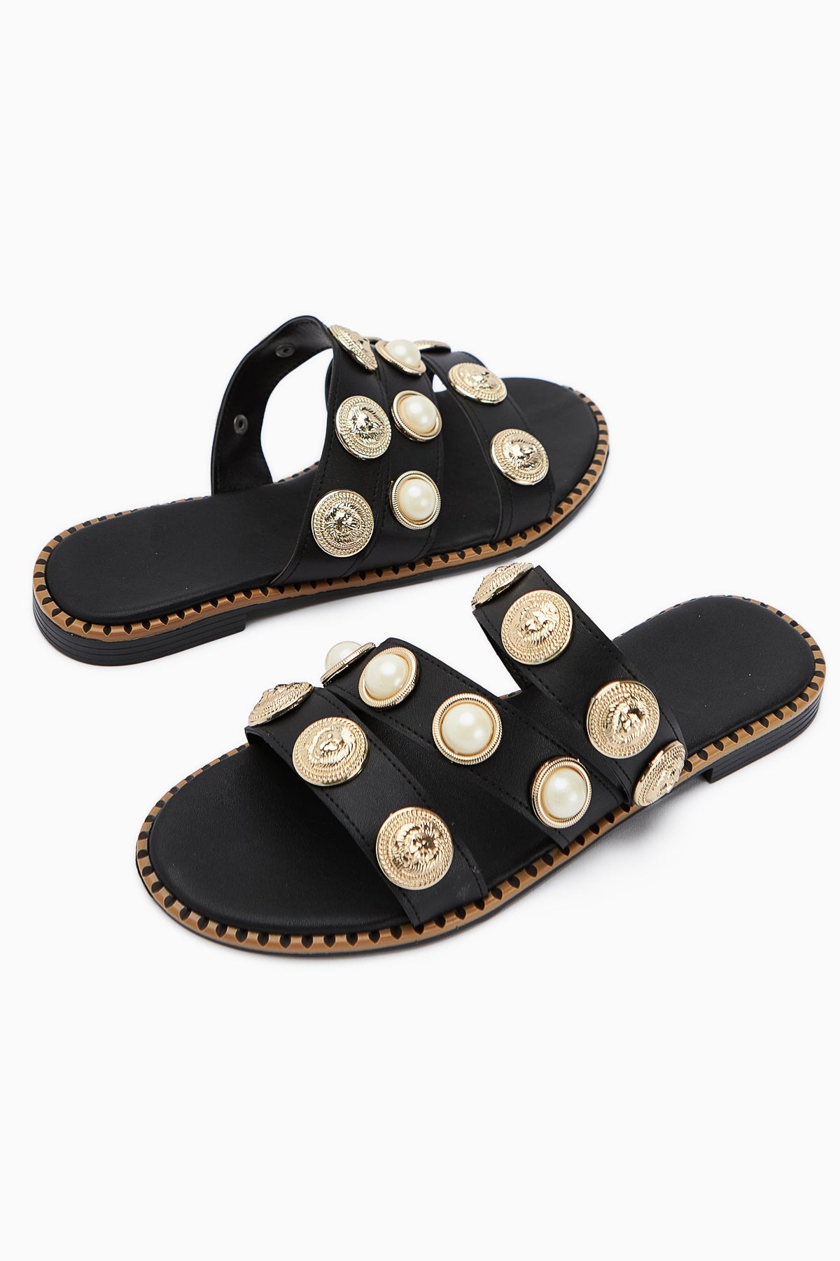 Renaz Black Pearl-Embellished Flat Women's Slippers