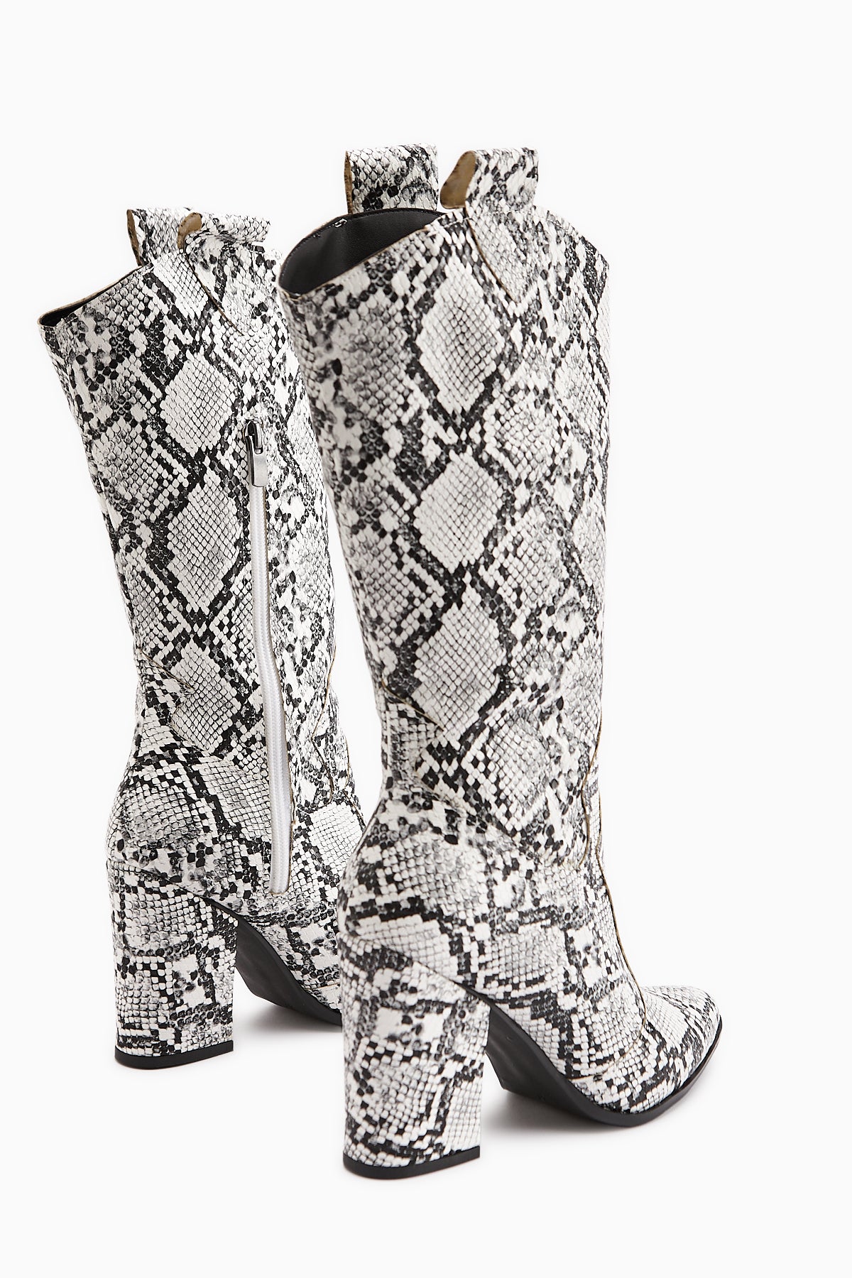 Keri White Snake Pattern Asymmetrical Cut Women’s Short Boots