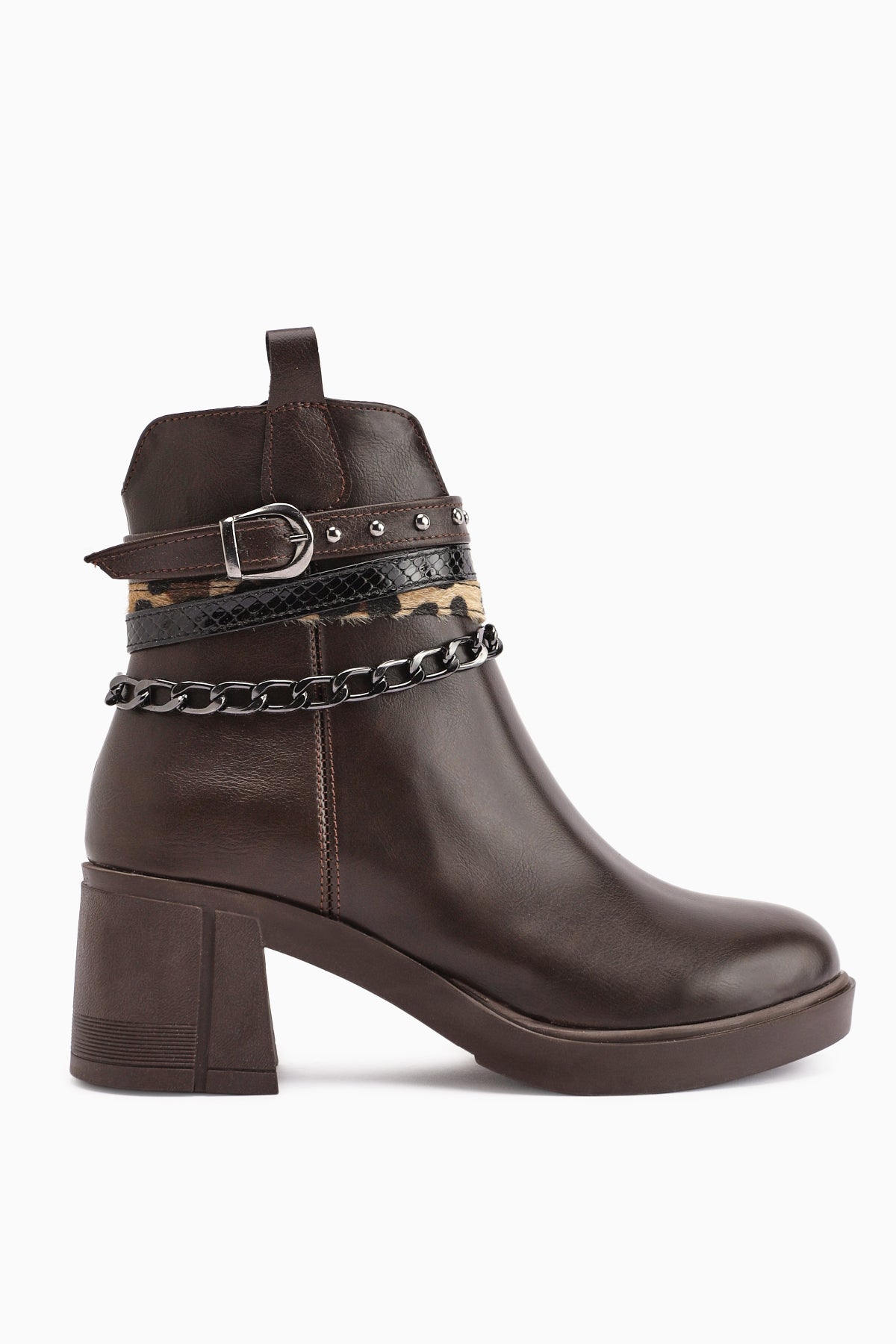 Anissa – Brown Chain-and-Belt-Detail Block Heel Boot (Women)