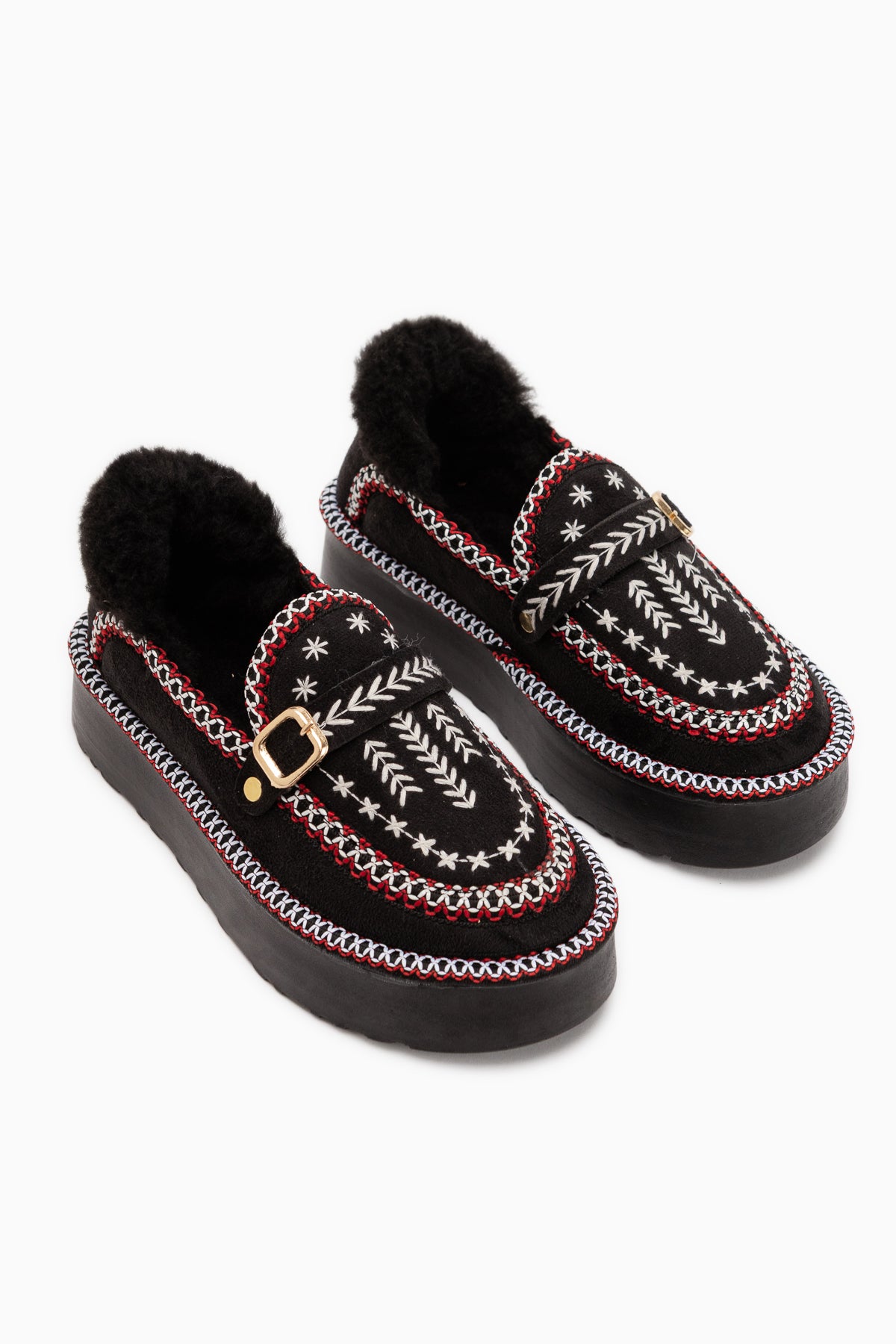 Lexi Black Suede Embroidered Buckled Fur Women’s Shoes