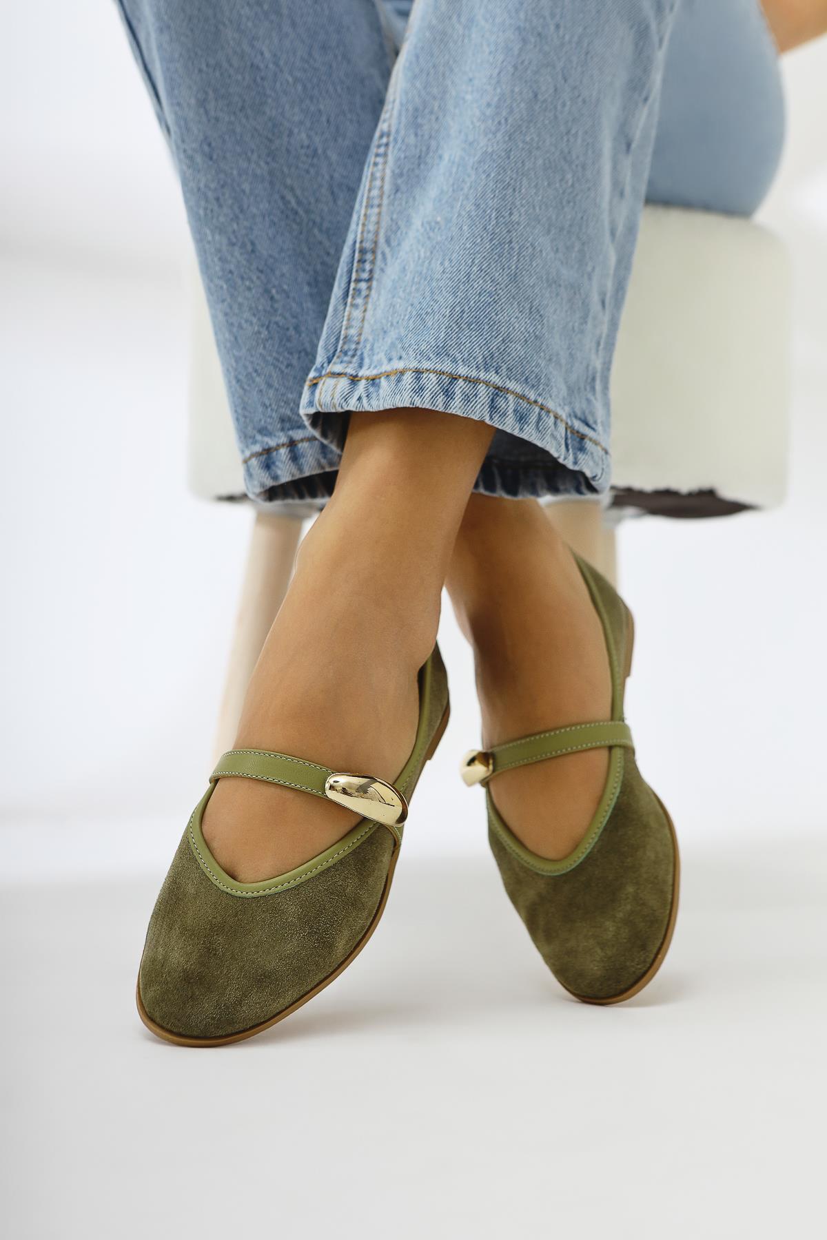 Aliana – Genuine Leather Olive Suede Buckle-Detail Ballet Flat (Women)
