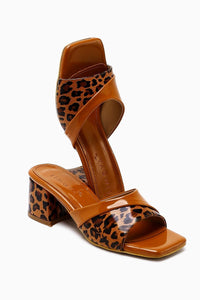 Morena Coffee Patent Leather Low Heeled Slipper with Leopard Detail