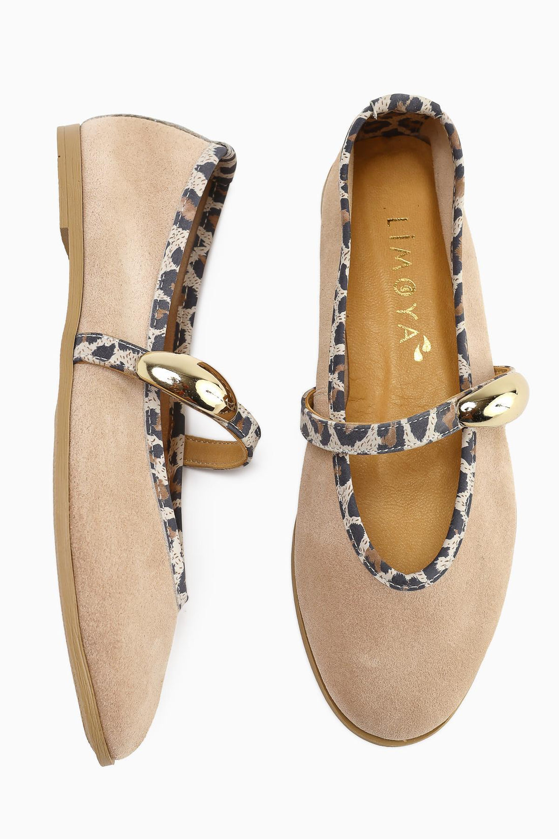 Aliana Genuine Leather Beige Suede Women's Ballet Flat with Buckle and Leopard Detail