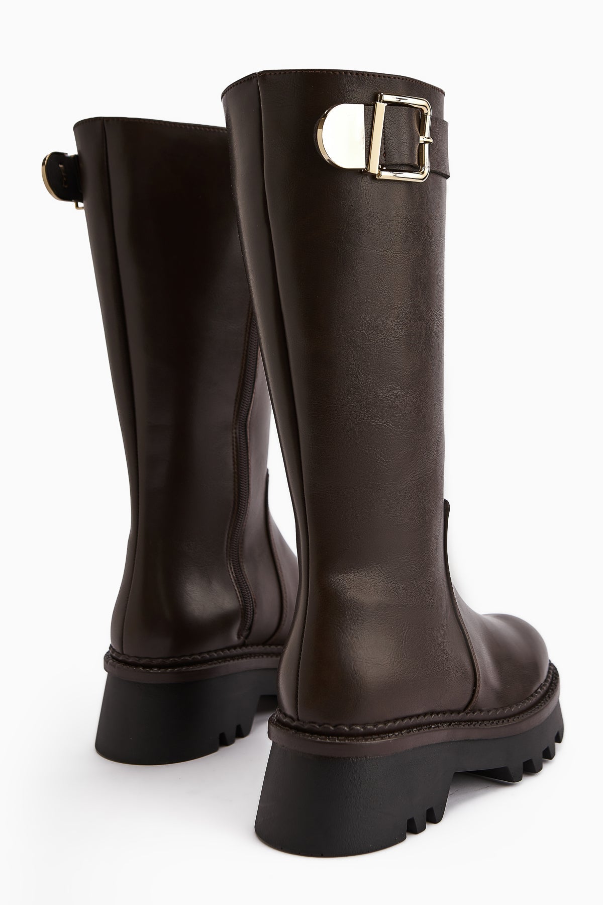 Hely – Brown Buckle-Detail Platform Knee-High Boot (Women)