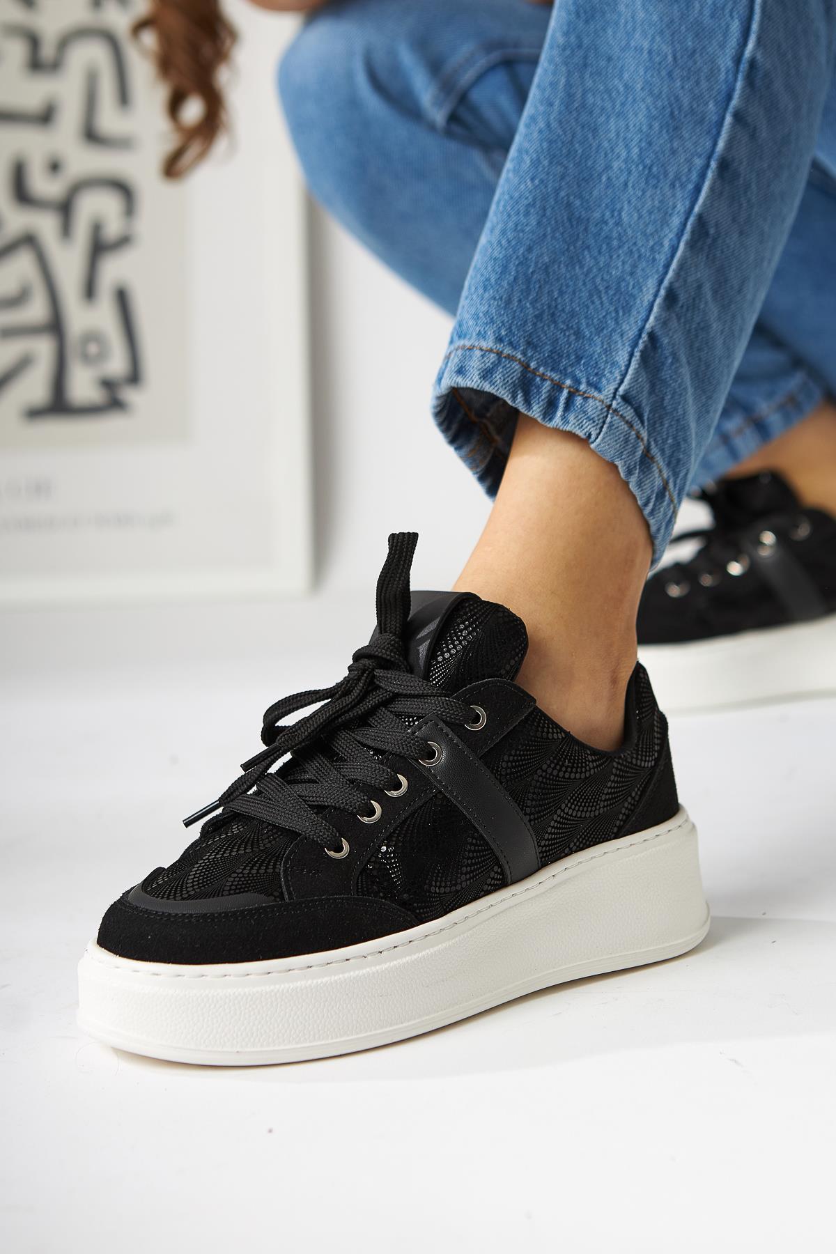 Julissa – Black Suede Shiny-Pattern Thick Sole Sneakers (Women)