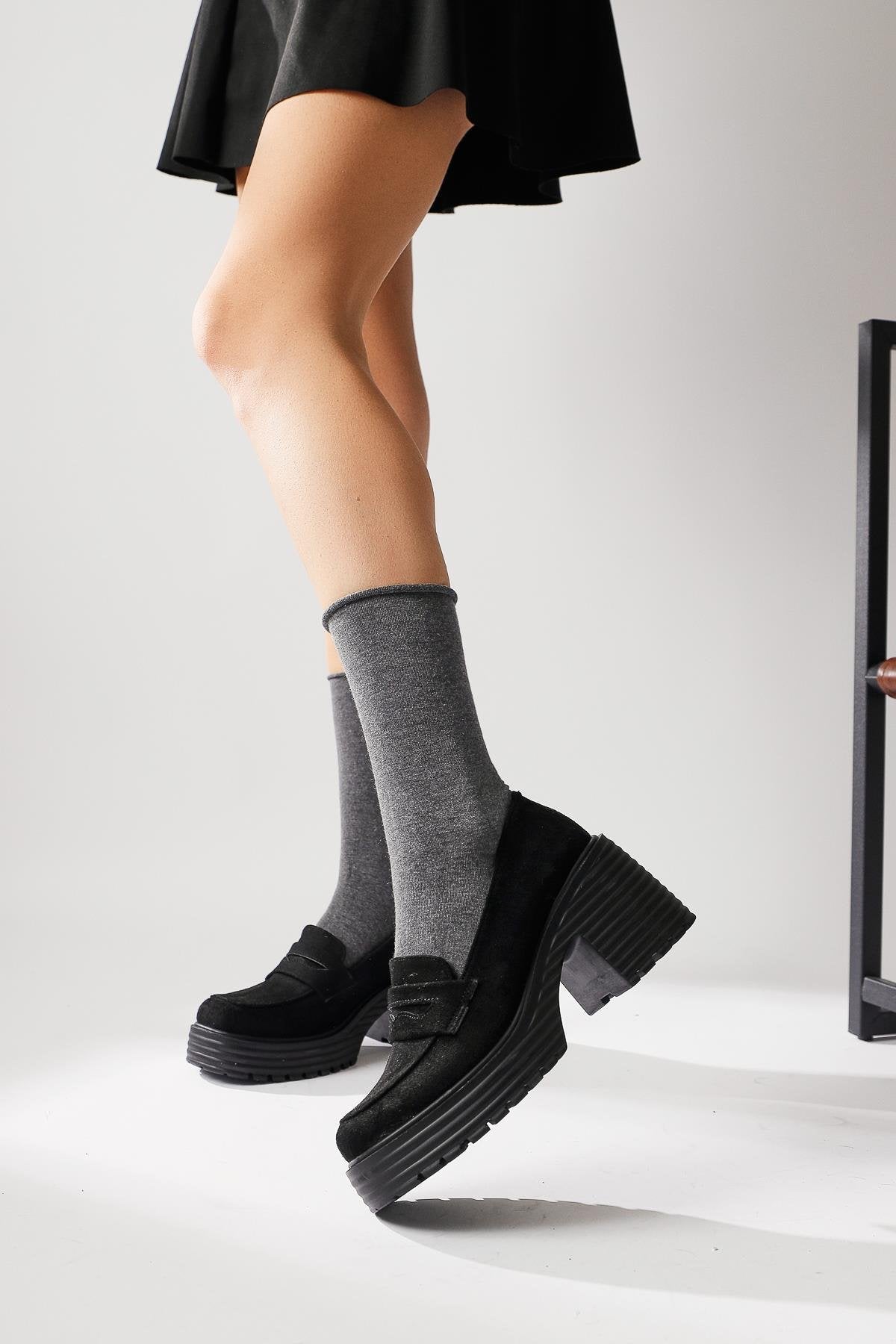 Alinne Black Suede Thick Sole Platform Moccasins